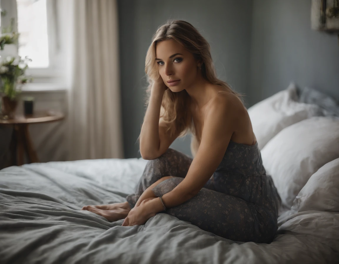 Allard woman completely , Sexy blue-eyed girl, Ultra photo realsisim, detailed meticulous, portrait sophie mudd, blonde hair and large eyes, selfie of a young woman, bedroom eyes, Violet Myers, nomake-up, Natural makeup, look straight at the camera, face with artgram, Subtle makeup, Stunning full-body shot kneeling on bed, in a  bedroom, Medium to large bust; ; ;Naked