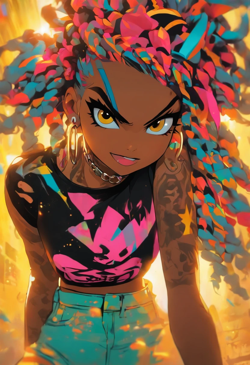 As coxas grandes mais bonitas e grandes do peito, cintura fina, garota punk rock sexy, afro preto, Crop Top sob jaqueta Cabello cor Arco Iris, olhos amarelos, pele escura, usando um capuz, Graphic design jacket and ripped skinny jeans, toneladas de tatuagens e piercings, Obra-prima perfeita, alta qualidade, high resolution, guerreira ciber punck ,com adornos, de rainha no rosto ,
