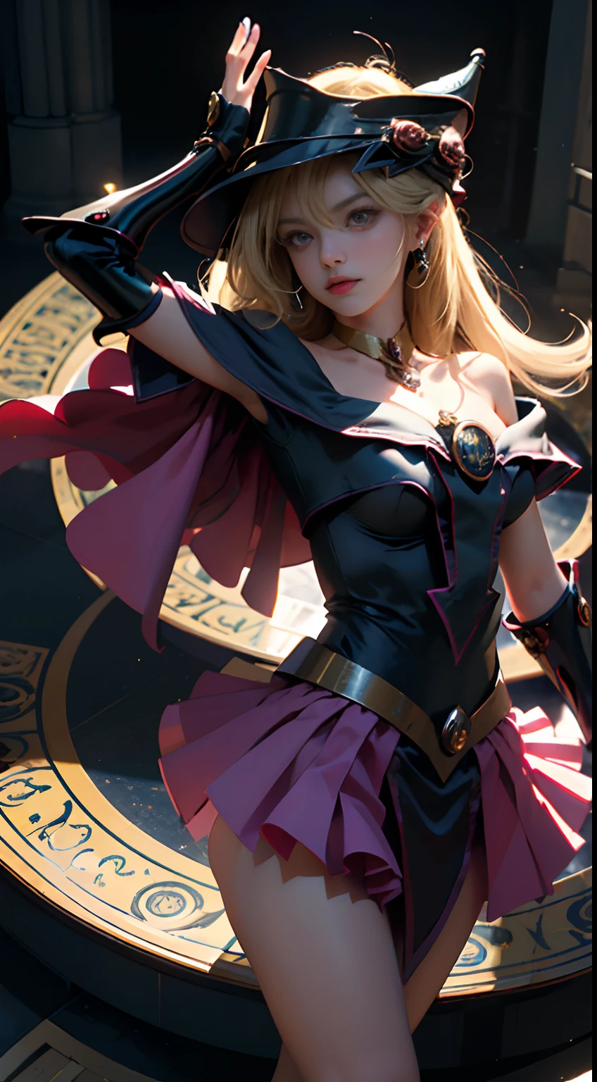 ((Obra maestra)), (Mejor calidad), (Ultra detallado), ((Muy detallado)), 4K, (8K), dark magician gils, Cabello largo rubio, Cola de caballo doble, sailor moon aesthetic, Dream Core, dark magician gils traje blanco con vivos negros, In a magical hall. Magic Circle of Light