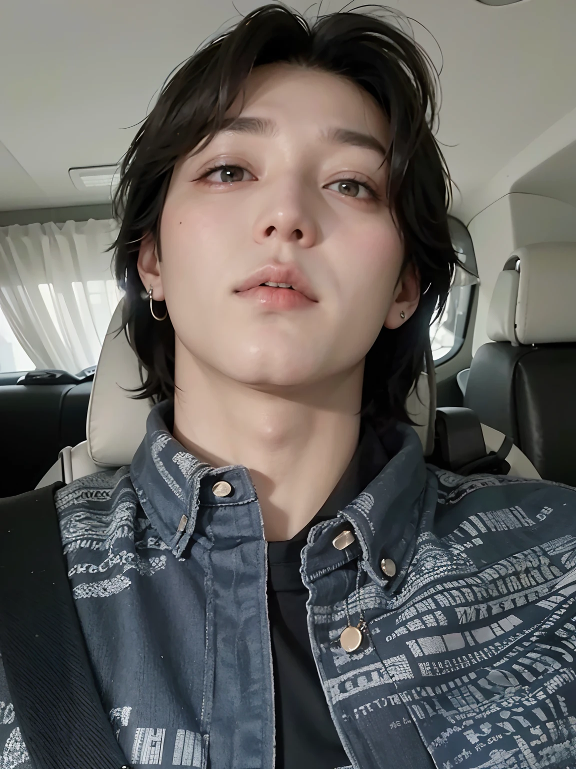 there is a man that is sitting in a car taken in the early 2020s, jungkook, with anxious piercing, he is about 20 years old