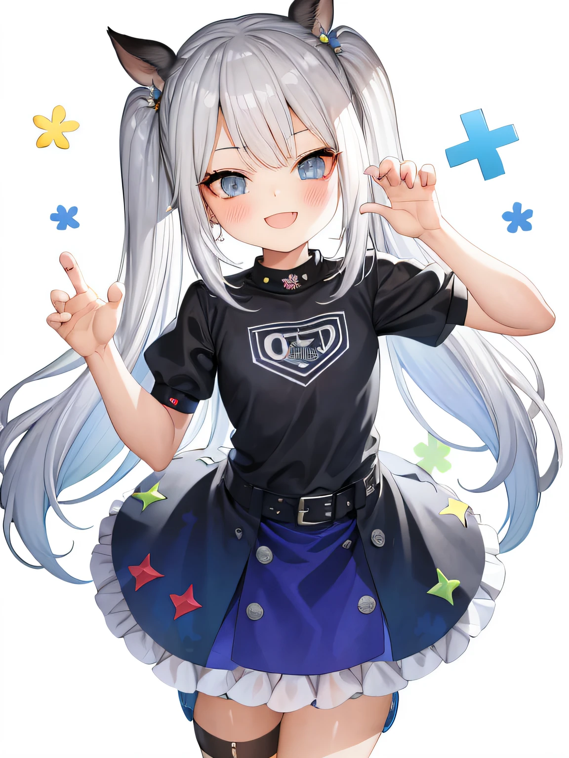 (master part), melhor qualidade de imagem, HD fino, (1girl) looking towards you, camiseta branca, Meias brancas, rabo de cavalo duplo, cabelos prateados, olhos azuis, rosto levemente corado, boca aberta sorrindo grandes dentes afiados sorriso assustador