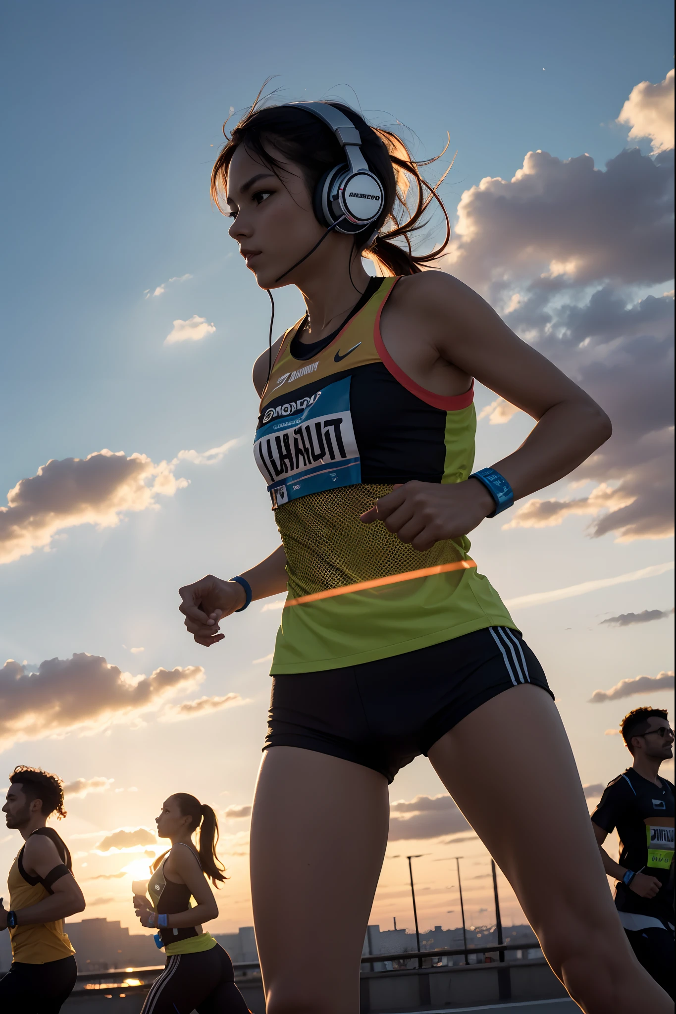 10 DJs with headphones running a marathon at sunset
