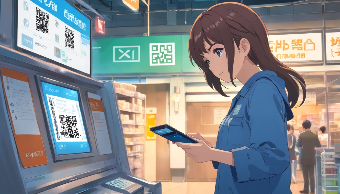 a young woman in blue work clothes scanning a QR code with a hand scanner