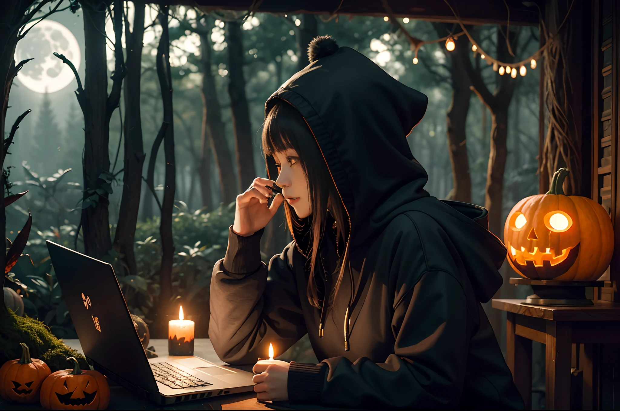 Dark forest, side view of a female Chinese hacker with hoodie typing on laptop, pumpkins carved with sinister smiles, moss, skull, pomegranates. Obscure. Illuminated by torches inside the pumpkin, candles, screen, moonlight. Great angular, great depht of field.