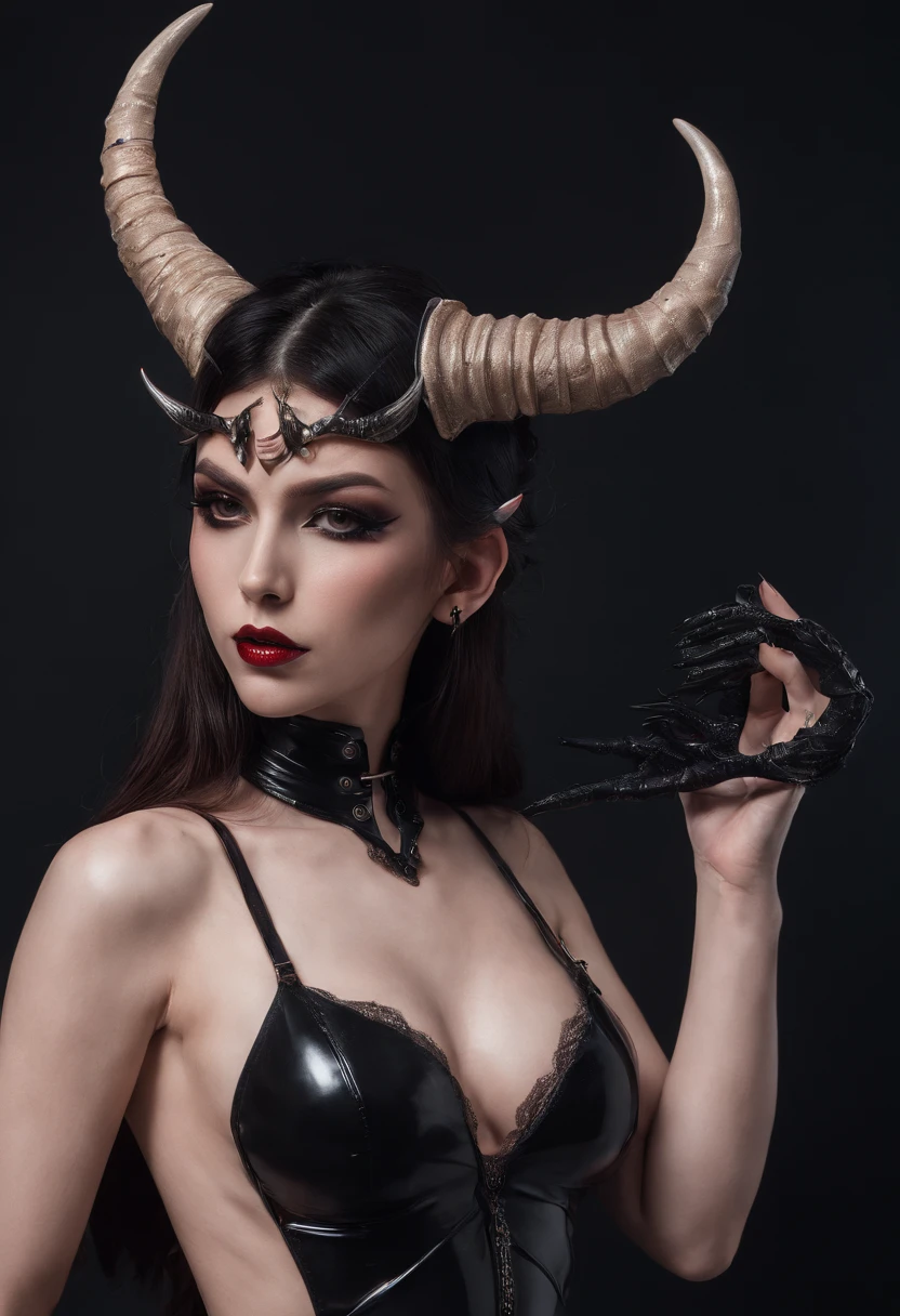 Breathtaking woman with horns wearing a latex lingerie while posing for a photo in a dark studio, full body photography, sensual pose, fetish lingerie, bizarre fashion, demon woman with horns, black make-up, ultra detailed, perfect body, masterpiece.