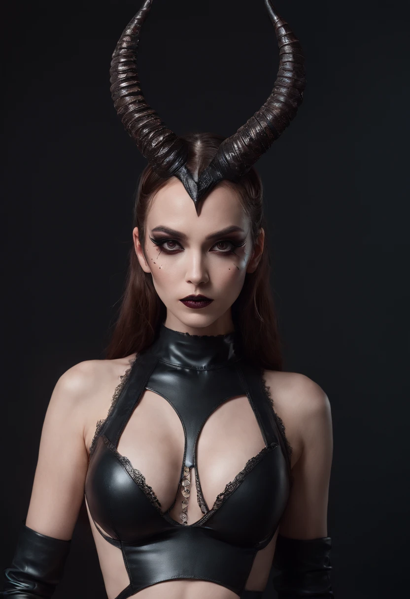 Breathtaking woman with horns wearing a latex lingerie while posing for a photo in a dark studio, full body photography, sensual pose, fetish lingerie, bizarre fashion, demon woman with horns, black make-up, ultra detailed, perfect body, masterpiece.