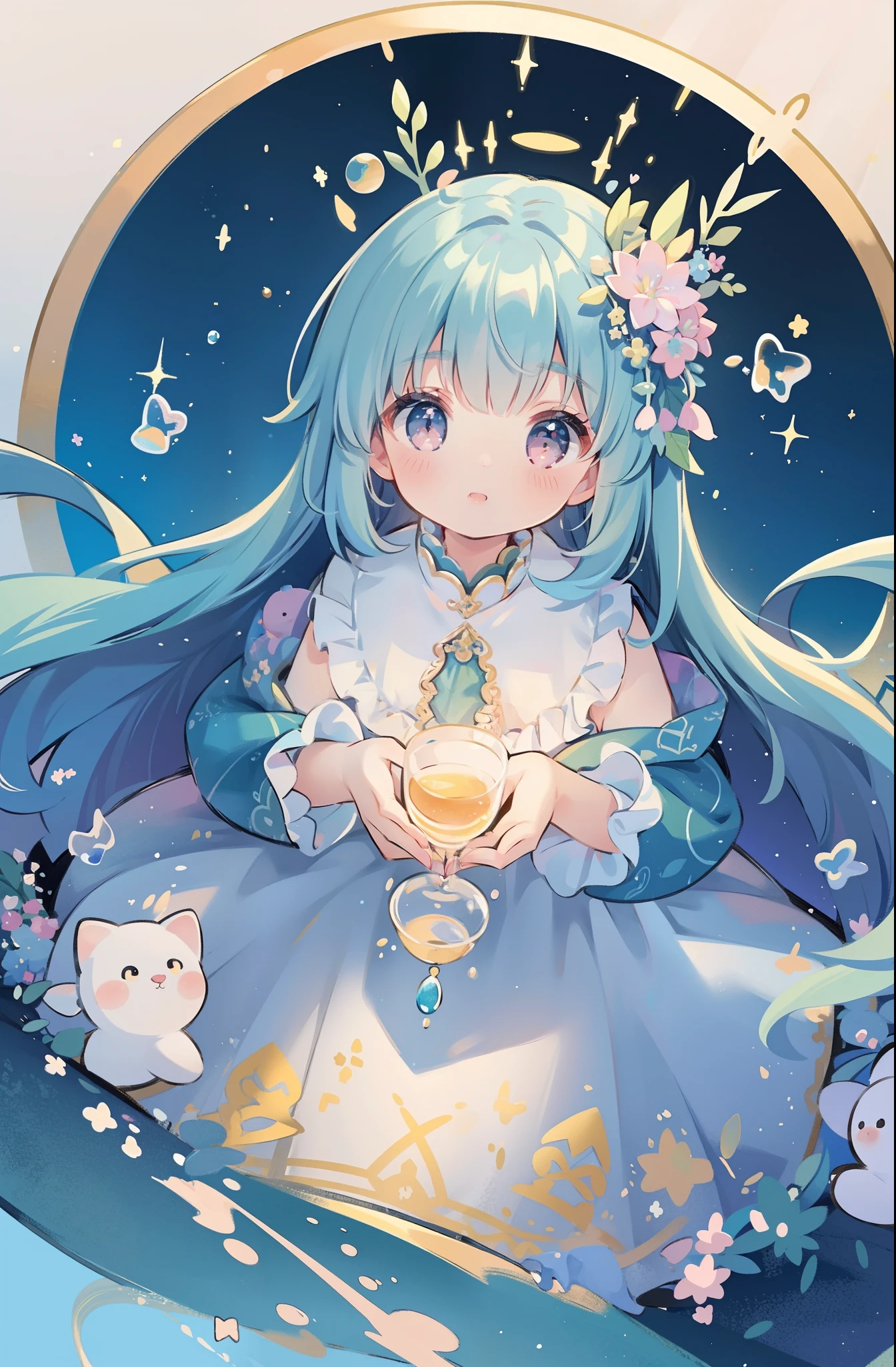 masterpiece, best quality, 8k resolution, sharp focus, intricate detail, beautiful girl, sparkling eyes, golden ratio face, otherworldly liquid, watercolor, pastel colors, bright colors, whimsical, colorful, sharp focus, high resolution, fine detail, ((layered tiered puffy long sleeves ballgown)), ((round eyes)), iridescent bubbles, fantasia background