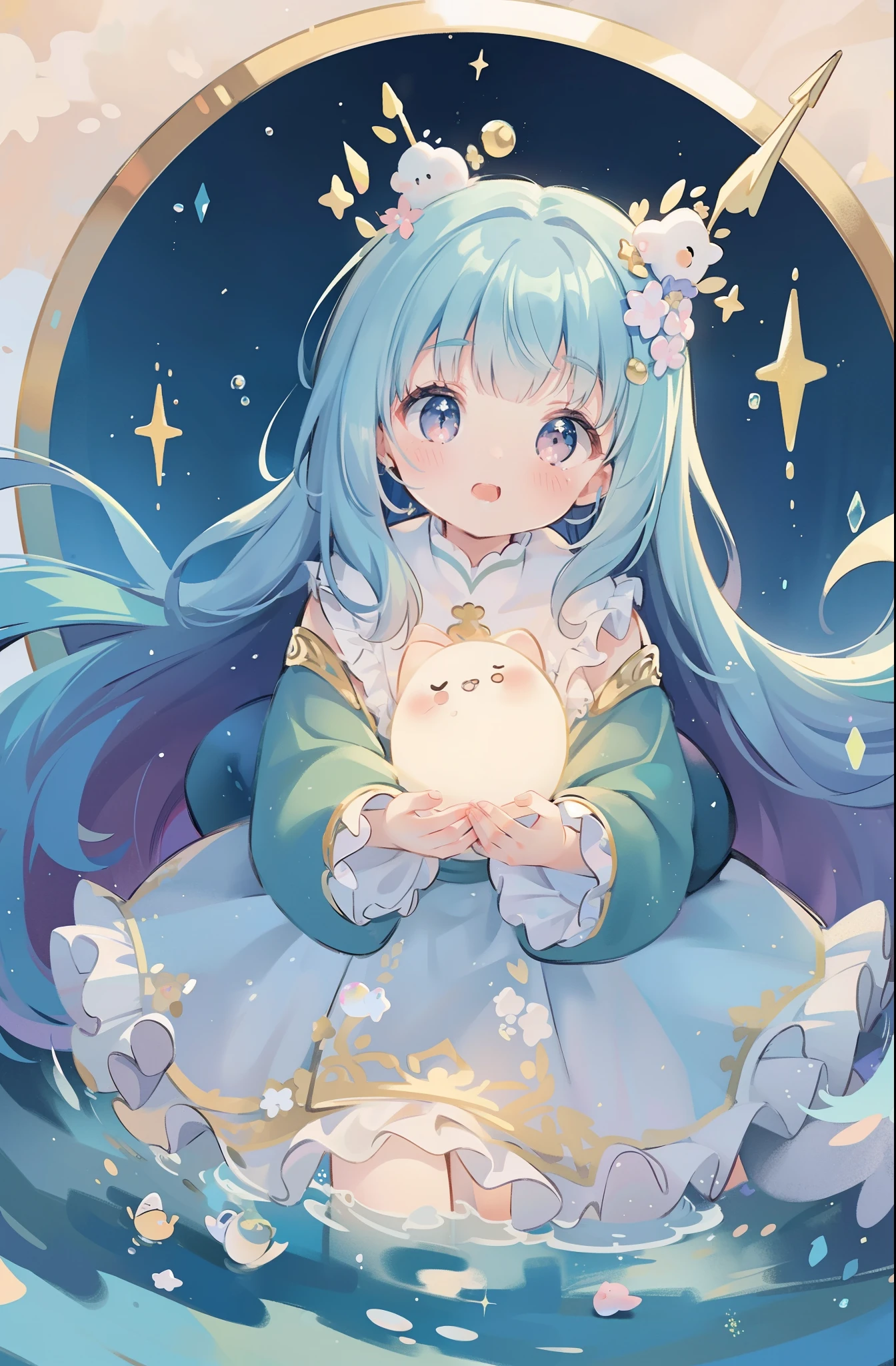 masterpiece, best quality, 8k resolution, sharp focus, intricate detail, beautiful girl, sparkling eyes, golden ratio face, otherworldly liquid, watercolor, pastel colors, bright colors, whimsical, colorful, sharp focus, high resolution, fine detail, ((layered tiered puffy long sleeves ballgown)), ((round eyes)), iridescent bubbles, fantasia background