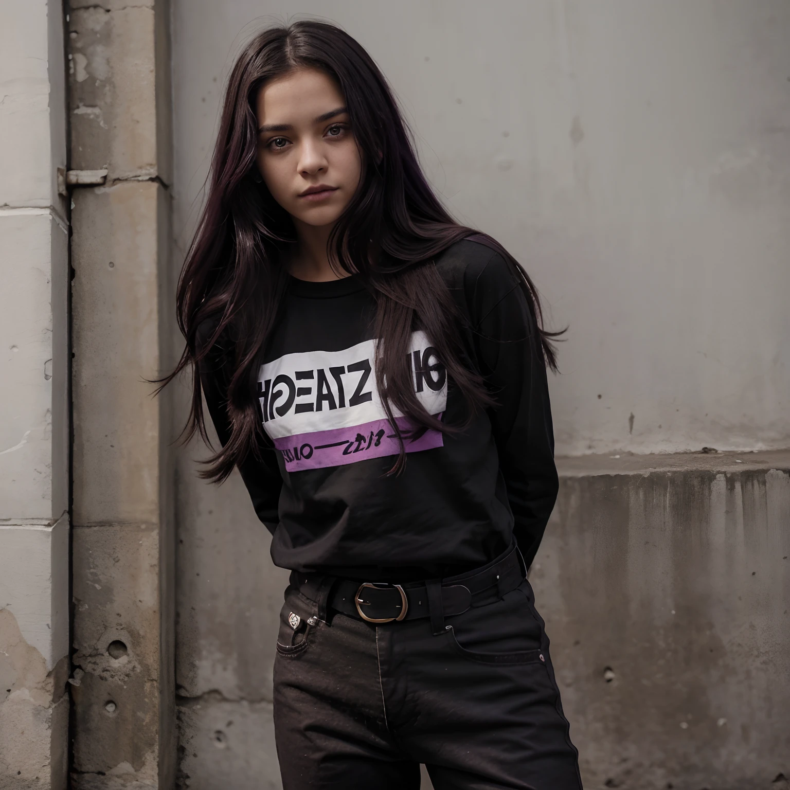 Adolescente, cabello morado, capuccha color negro con morado, ojos morado claro, cold gaze, cara seria, capa negra con morado, tez blanca, pantalones medievales negros, chaleco negro, camiseta morada, mirando hacia el frente y volando