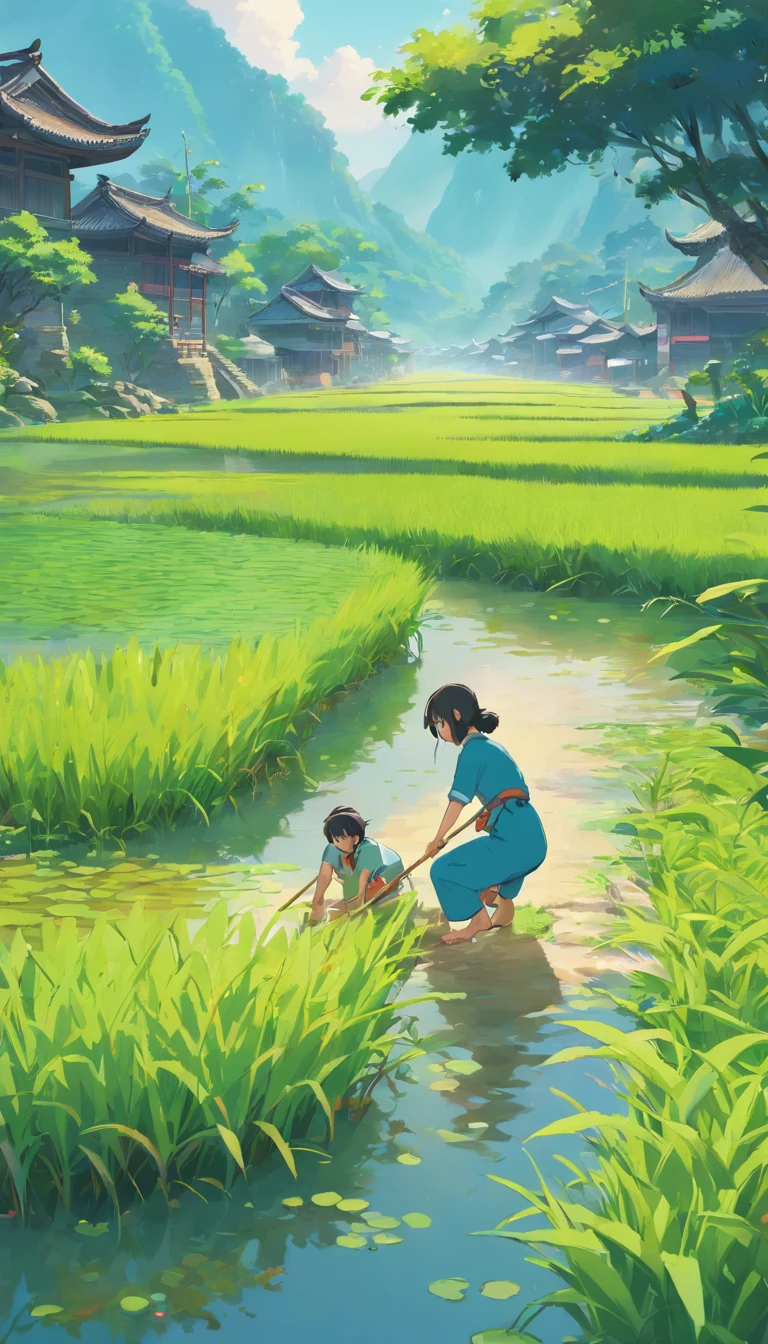 Rural people of the Zhuang people in Guangxi go to the rice to bend over to find frogs