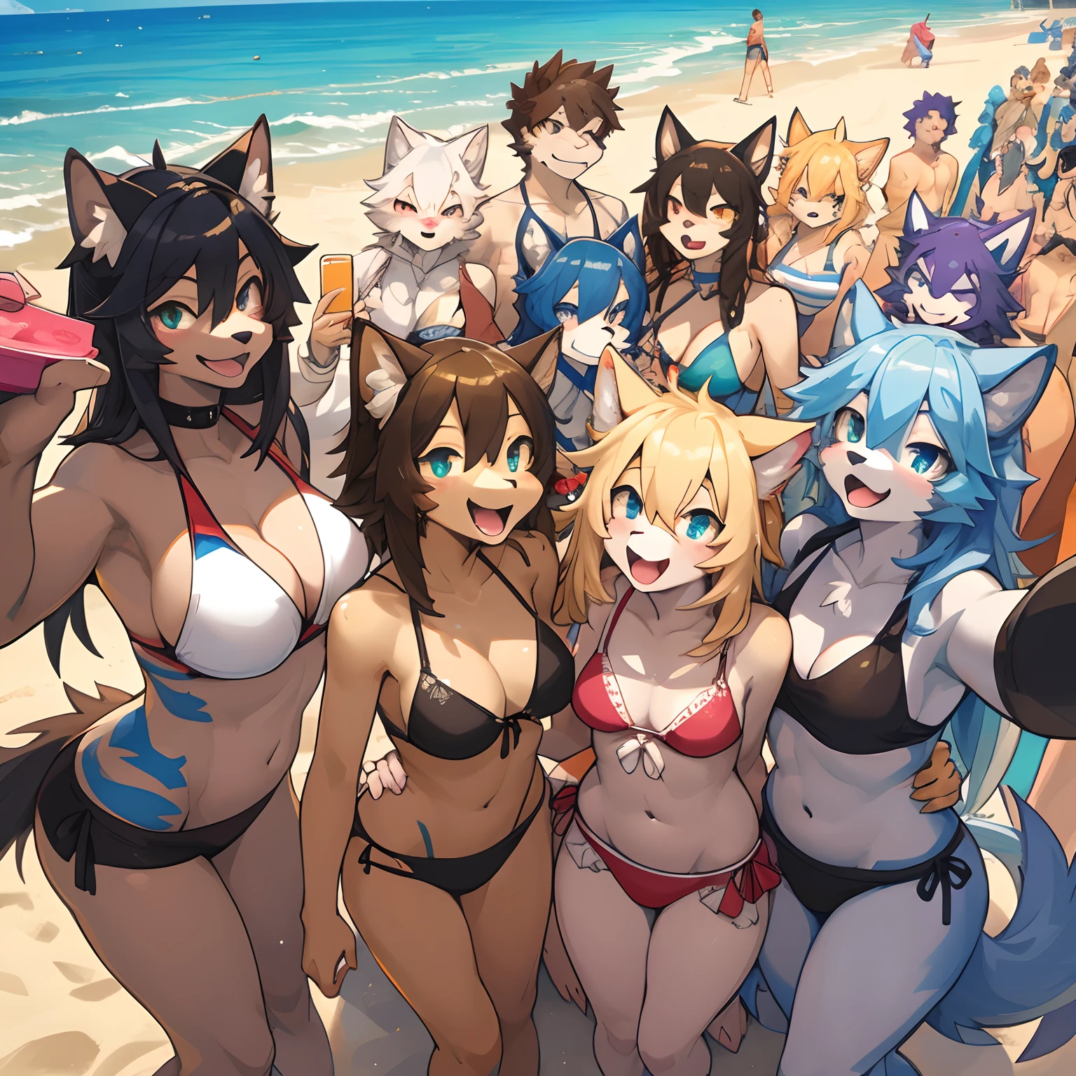 top quality, best quality, High-quality illustrations, masterpiece, super high resolution, detailed background, Crowded beach, group shot, 6+boys, 6+girls, party, absurdres(highly detailed beautiful face and eyes)perfect ???????(Photo of family trip)(kemono, furry anthro)selfie, beach wear