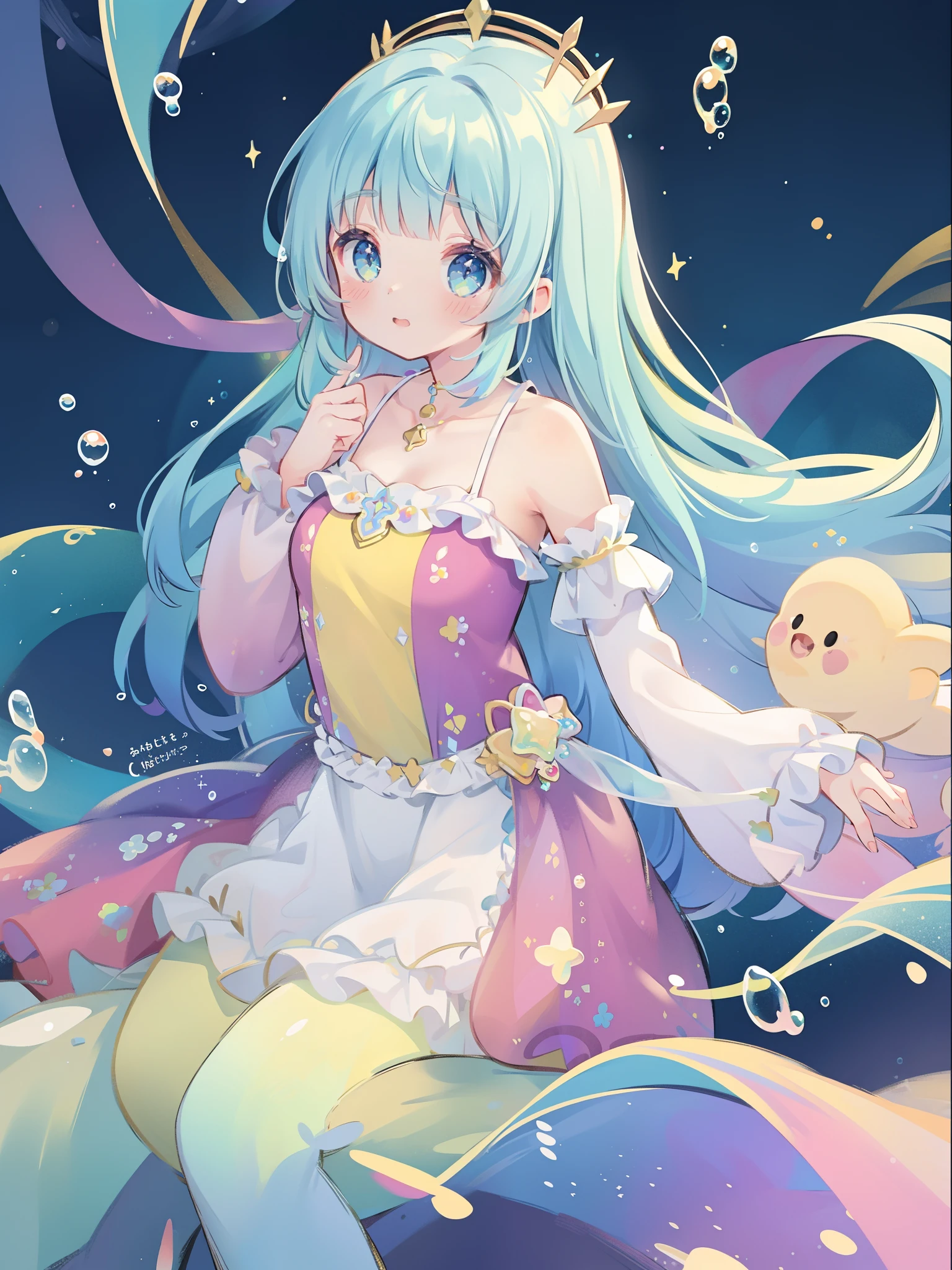 jelly hoshiumi, 1girl, solo, blush, smile, blue eyes, very long hair, blue hair, small breasts, (drill hair, blunt bangs, green hair), star (symbol), gradient hair, antennae, yellow bow, star hair ornament, yellow hairband, hair ornament BREAK
at a fair, eating cotton candy, Ferris wheel, fair tents, full body
<lora:JellyHoshiumi_V2-03:0.7>