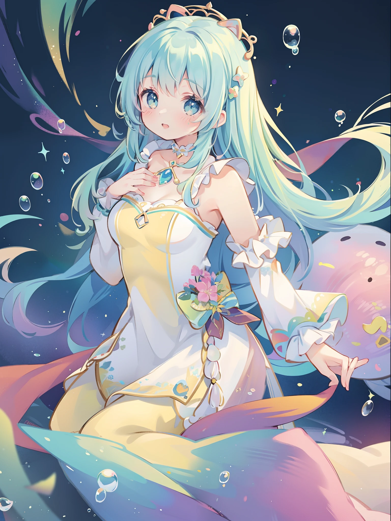 masterpiece, best quality, intricate details, beautiful girl, sparkling eyes, otherworldly liquid fantasia background, watercolor, bright vibrant colors, whimsical, colorful, layered tiered puffy long sleeve ballgown, ((iridescent rainbow bubbles))