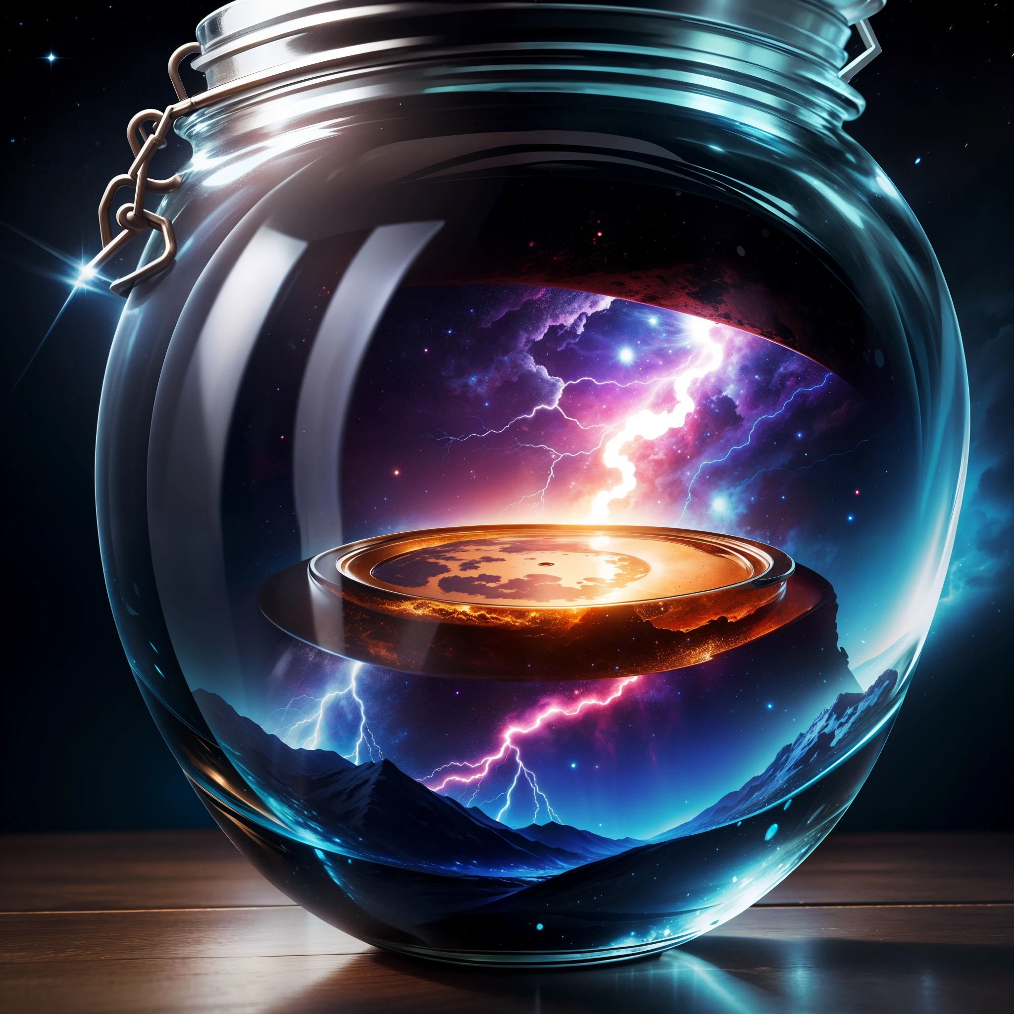 An entire universe contained inside of a glass jar, super realistic, hyper detailed, dramatic lightning, 4k