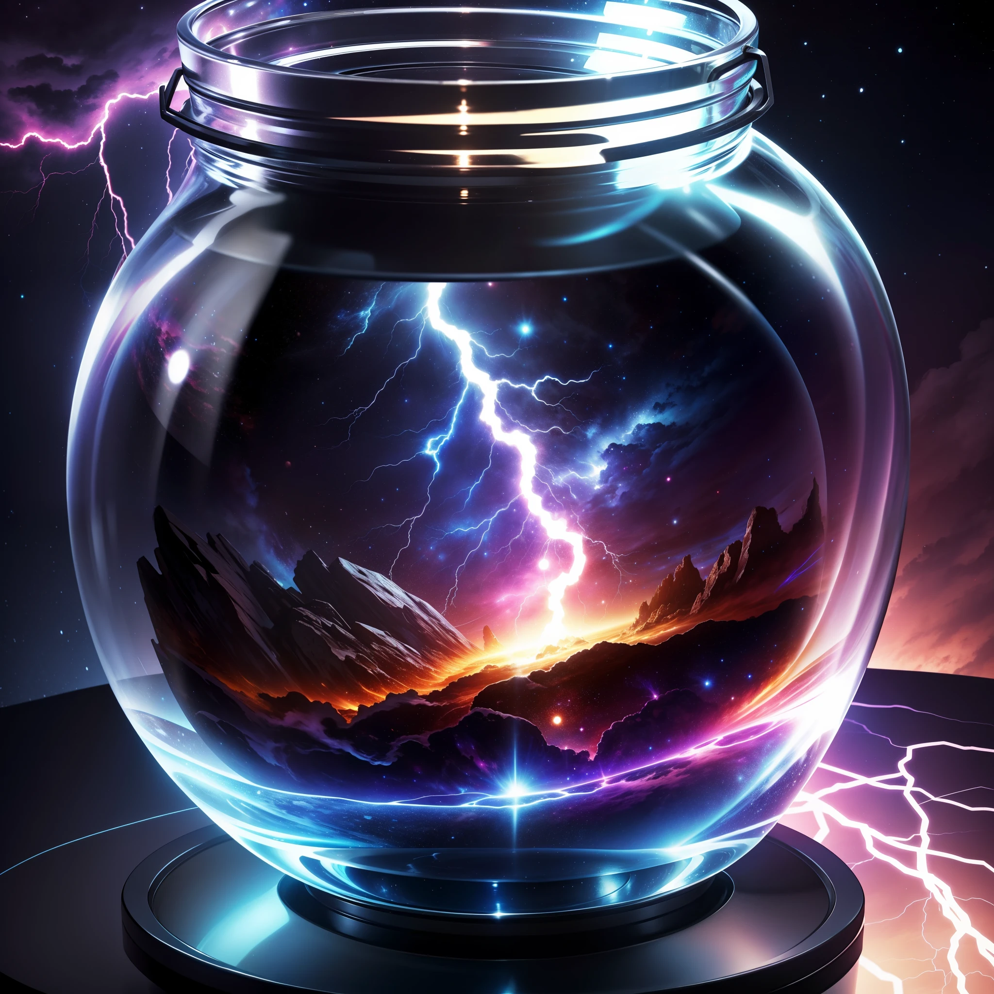 An entire universe contained inside of a glass jar, super realistic, hyper detailed, dramatic lightning, 4k