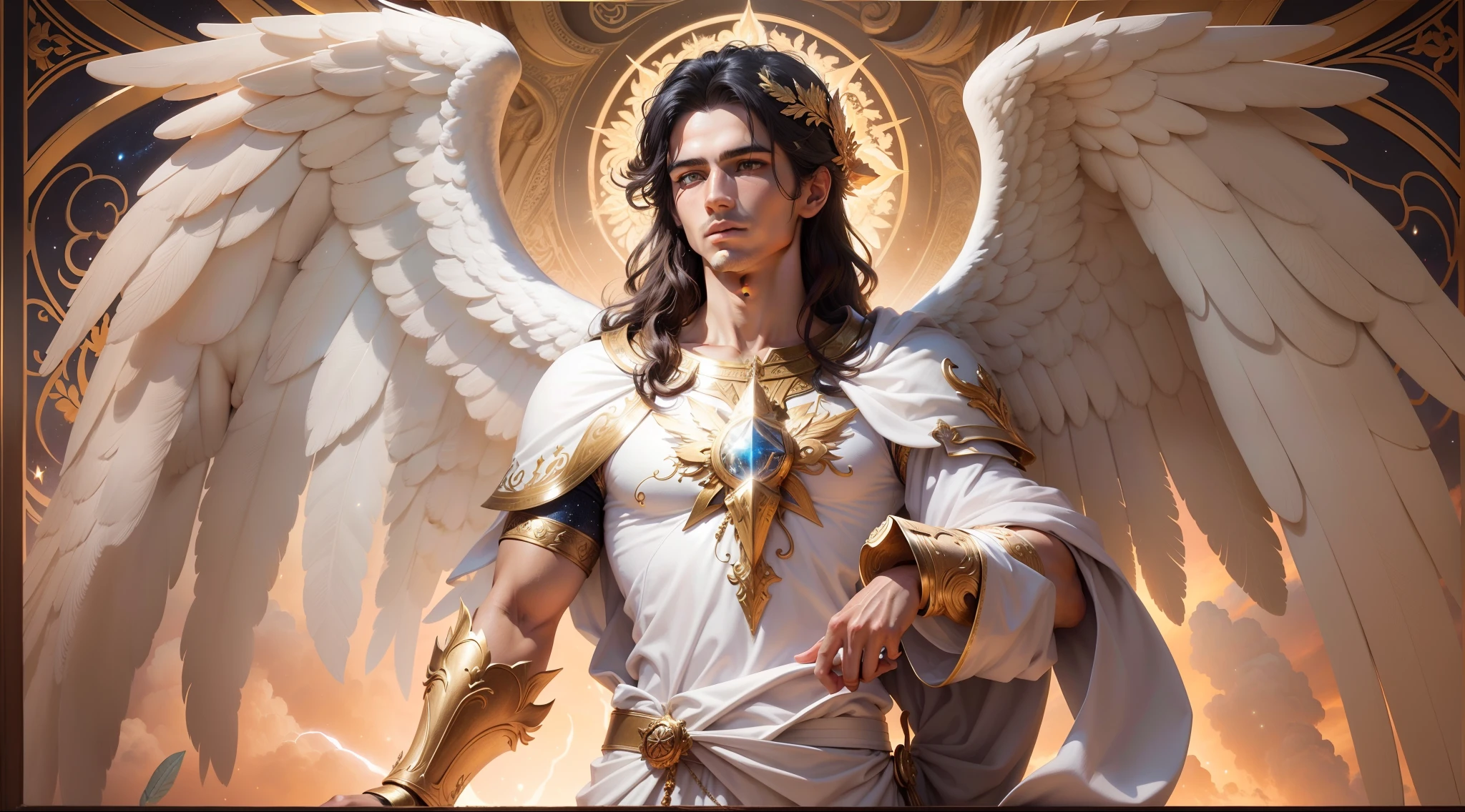 um personagem masculino bonito meia idade, o arcanjo Miguel, imagem celestial, detalhes intricados, realista, asas ROSAS e grandes, fundo angelical, Catholic illustrative image of the archangel Michael, Male character of the Bible, Michael is wearing his angelic armor, cosmic background, Illumination in the Archangel and in the background, imagem do corpo todo do anjo, Maximum detail and his angelic face and wings, pele perfeita realista, Maximum image quality, Miguel ele esta destacado na imagem com cores fortes e chamativas, asas grandes