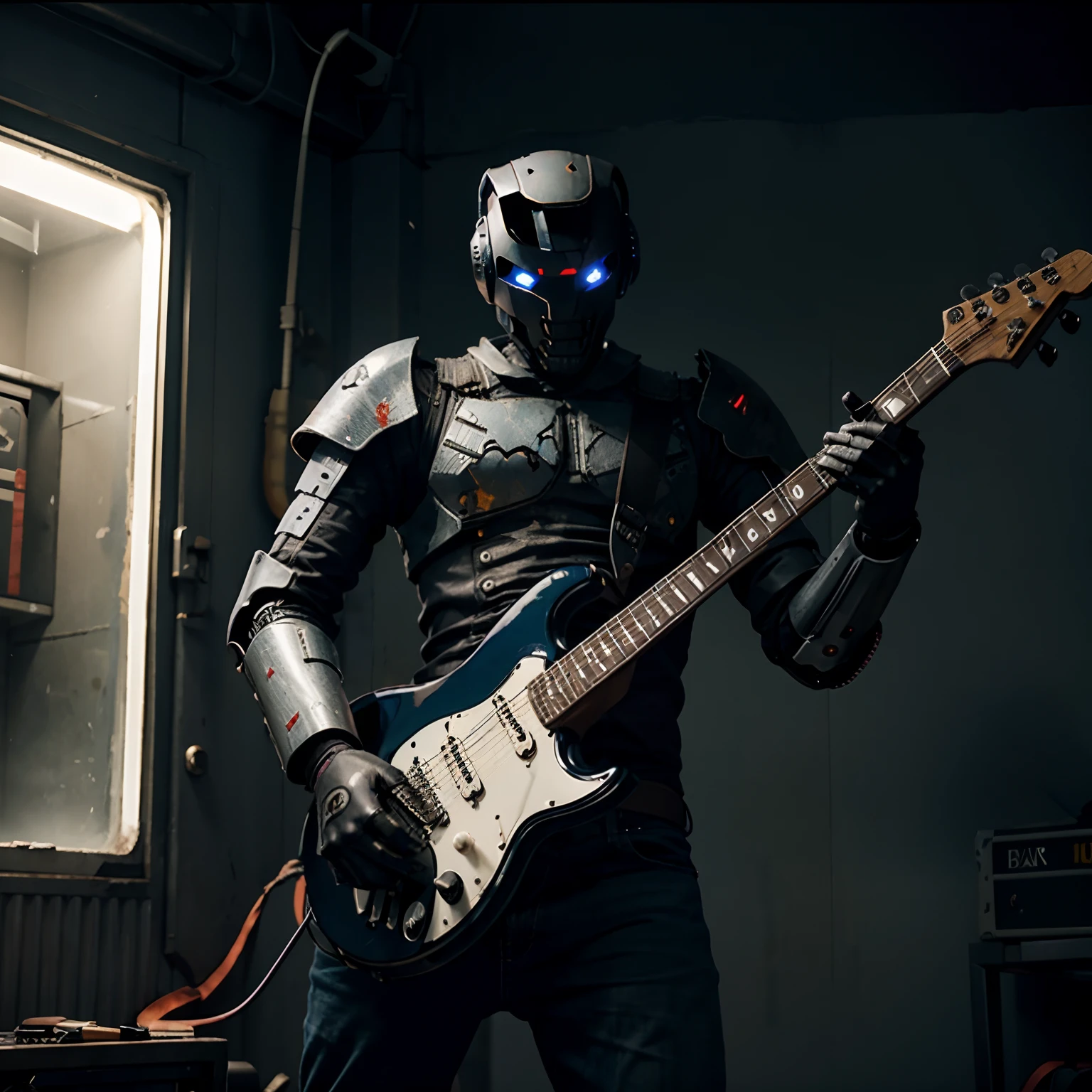 Killer robot playing electric guitar in apocalypse