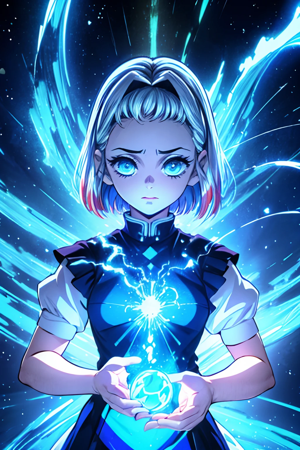 Noite, ((1 girl)), soio, master part, Papel de parede 8K, Altas, absurdos, fundo de alta qualidade, short hair, cabelos pretos, cabelos multicoloridos, Bela vila congelada, (lua cheia brilhante), vestido azul, vestido detalhado, vestido da joia, (Magic:1.2), fogo azul, olhos azuis, olhos brilhantes, fire, deusa do gelo, (azul detalhado coroa bonita), eletricidade, eletricidade azul, blue light particles