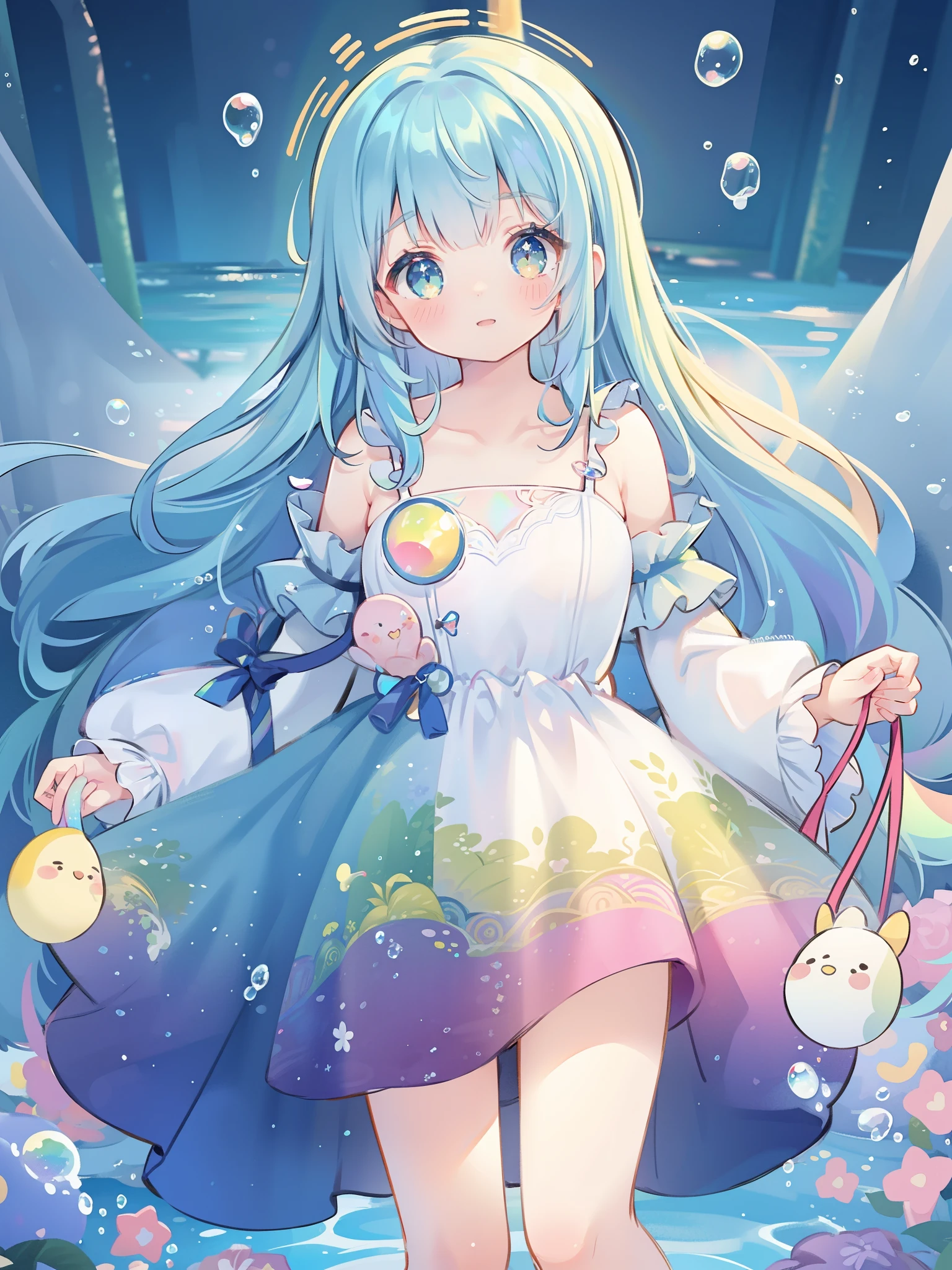 masterpiece, best quality, intricate details, beautiful girl, sparkling eyes, otherworldly liquid fantasia background, watercolor, bright vibrant colors, whimsical, colorful, layered tiered puffy long sleeve ballgown, ((iridescent rainbow bubbles))