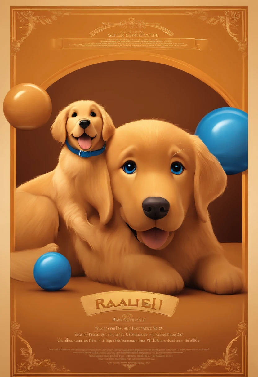 create a disney pixar poster, with the title "(Ralf)", ("golden retriever in caramel color"), 3d style with its blue ball