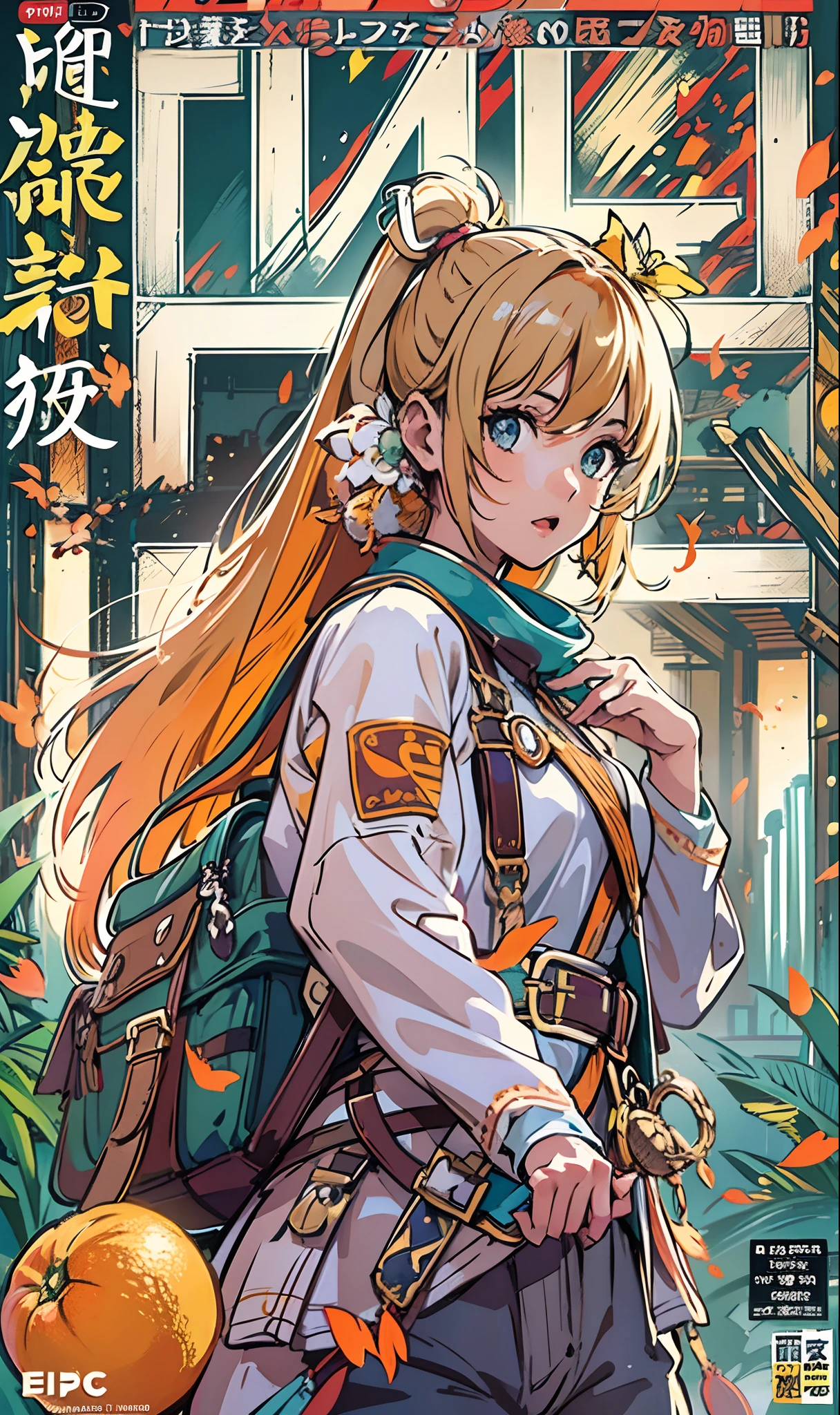 (Best Quality, Masterpiece), centered, (fantasy theme), front cover of japanese travel magazine, concept art, design, magazine design, 1girl, cute, orange ponytail hair, backpacker, model pose, (epic composition, epic proportion), vibrant color, text, diagrams, advertisements, magazine title, typography,