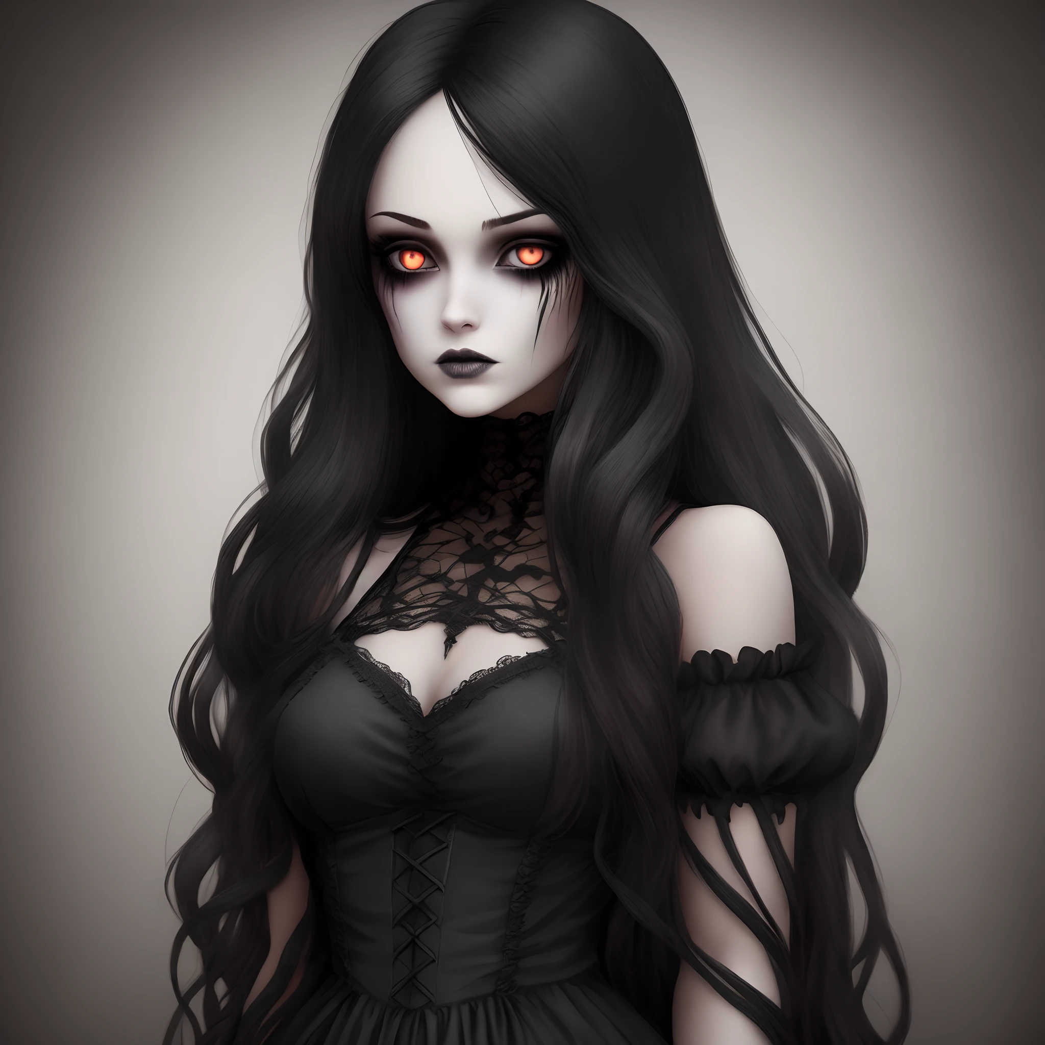 Creepy looking young female, black long hair, black Gothic lace dress