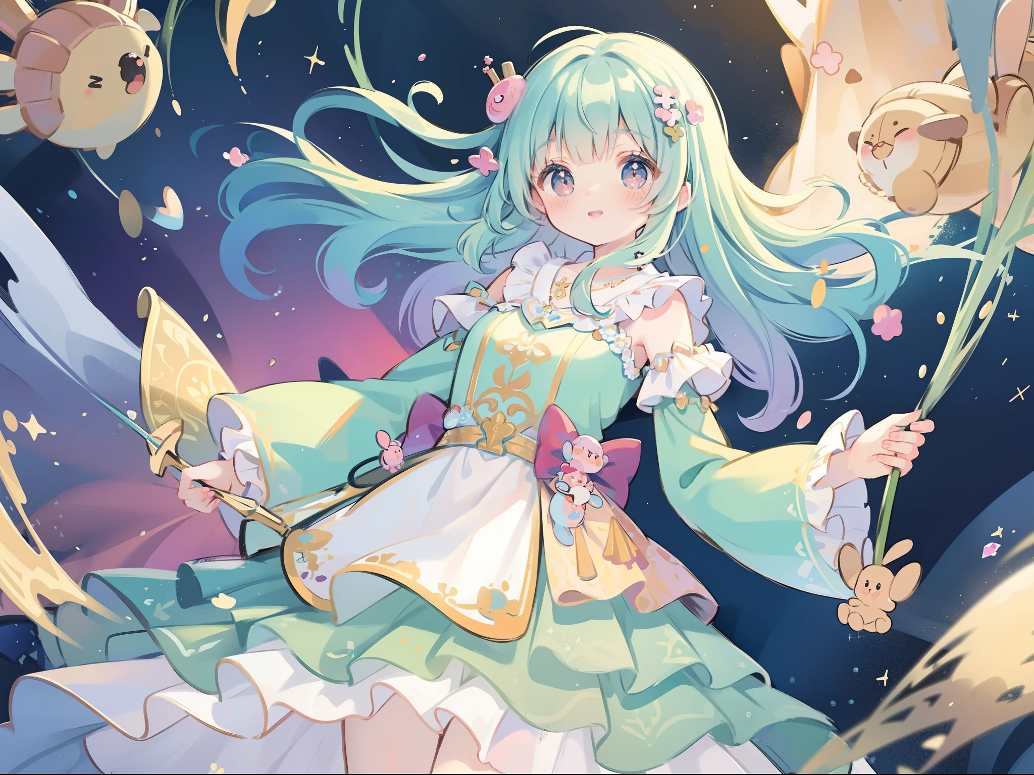 masterpiece, best quality, 8k resolution, sharp focus, intricate detail, beautiful girl, sparkling eyes, golden ratio face, otherworldly liquid, watercolor, pastel colors, bright colors, whimsical, colorful, sharp focus, high resolution, fine detail, ((layered tiered puffy long sleeves ballgown)), ((round eyes)), iridescent bubbles, fantasia background