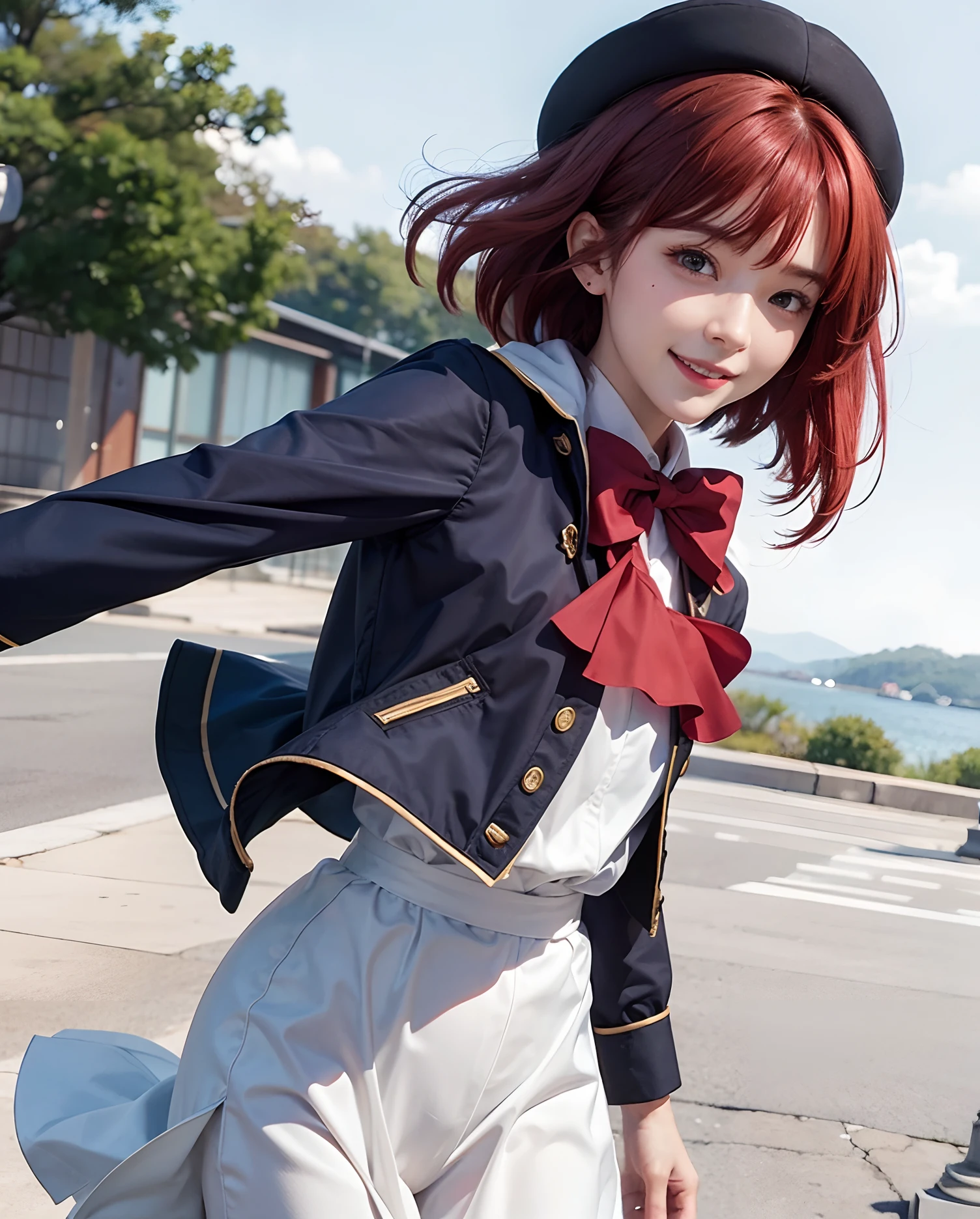 Realistic, kana arima, ultra detail, red hair, smile