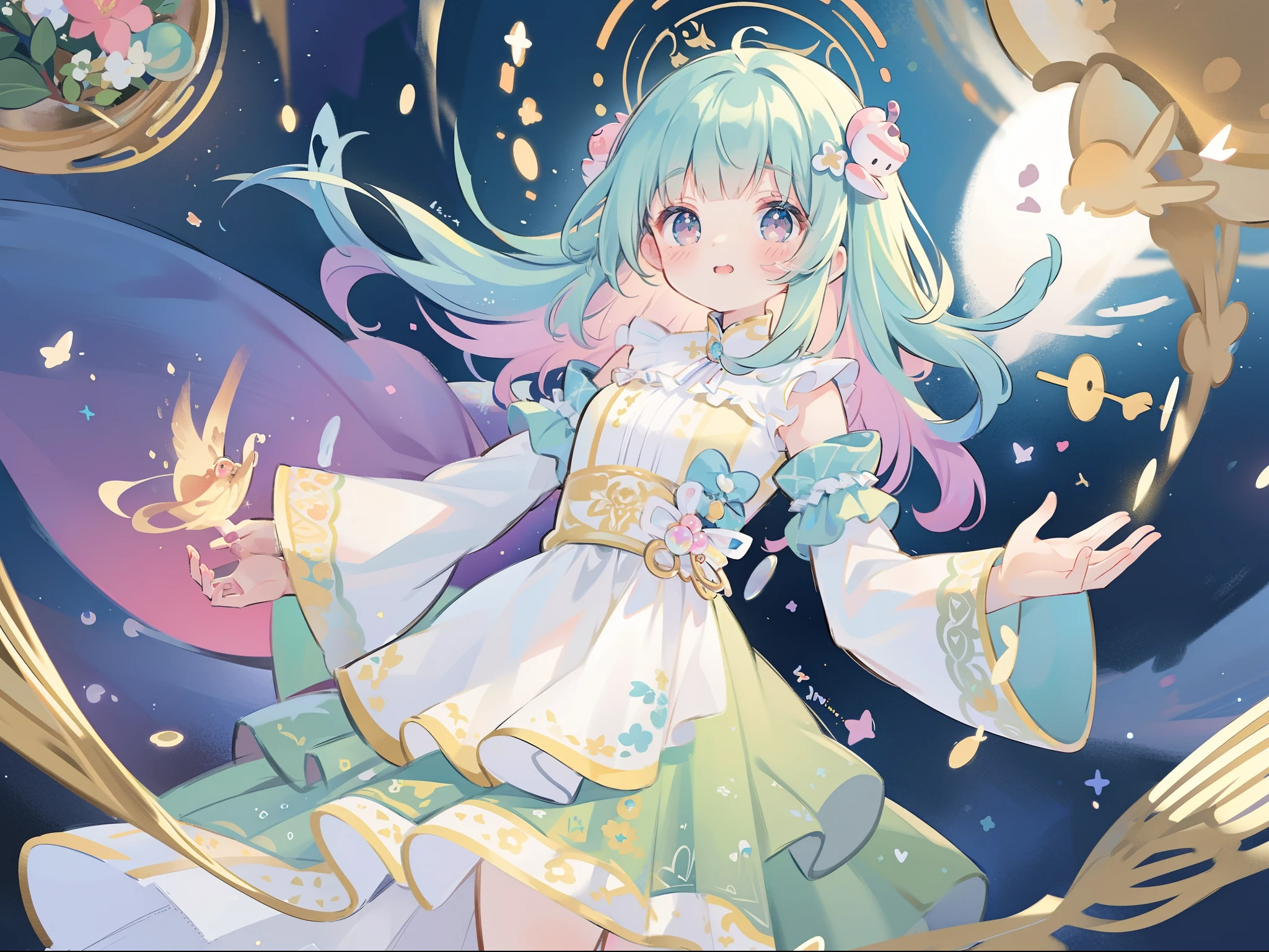 masterpiece, best quality, 8k resolution, sharp focus, intricate detail, beautiful girl, sparkling eyes, golden ratio face, otherworldly liquid, watercolor, pastel colors, bright colors, whimsical, colorful, sharp focus, high resolution, fine detail, ((layered tiered puffy long sleeves ballgown)), ((round eyes)), iridescent bubbles, fantasia background