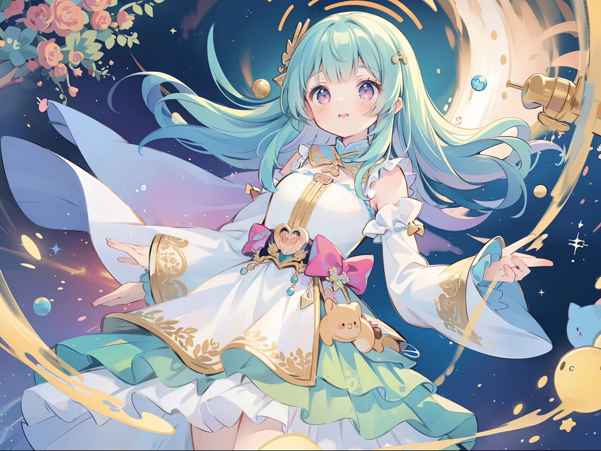 masterpiece, best quality, 8k resolution, sharp focus, intricate detail, beautiful girl, sparkling eyes, golden ratio face, otherworldly liquid, watercolor, pastel colors, bright colors, whimsical, colorful, sharp focus, high resolution, fine detail, ((layered tiered puffy long sleeves ballgown)), ((round eyes)), iridescent bubbles, fantasia background