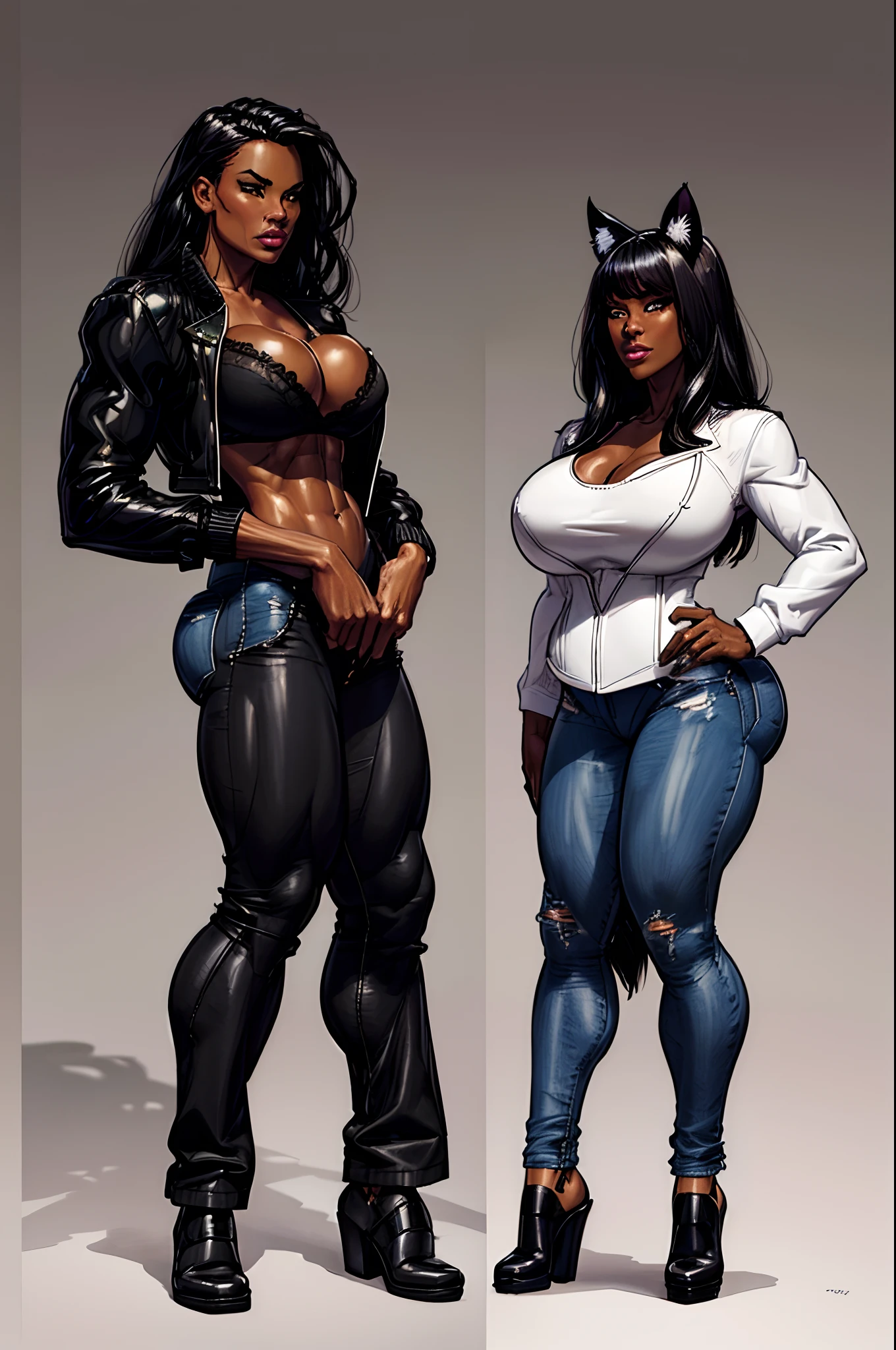 ((masterpiece)),(((best quality))),((character design sheet)), illustration,1woman, (beautiful woman: 2), (huge breasts: 1.2) environment Scene change, cat ears, (golden eyes: 1.6) muscular, (very dark skin:1.7), (black female), (black pants), (tight pants), (black lace bra) (black lace top) Blake Belladonna, thick legs, (white denim jacket:1.5), scribbles and marks, fire, ((detailed face:1.1)), rough sketches, poses, black hair, straight hair, long hair, black and white color palette, 8k,16k, (simple background, light background: 1.3)