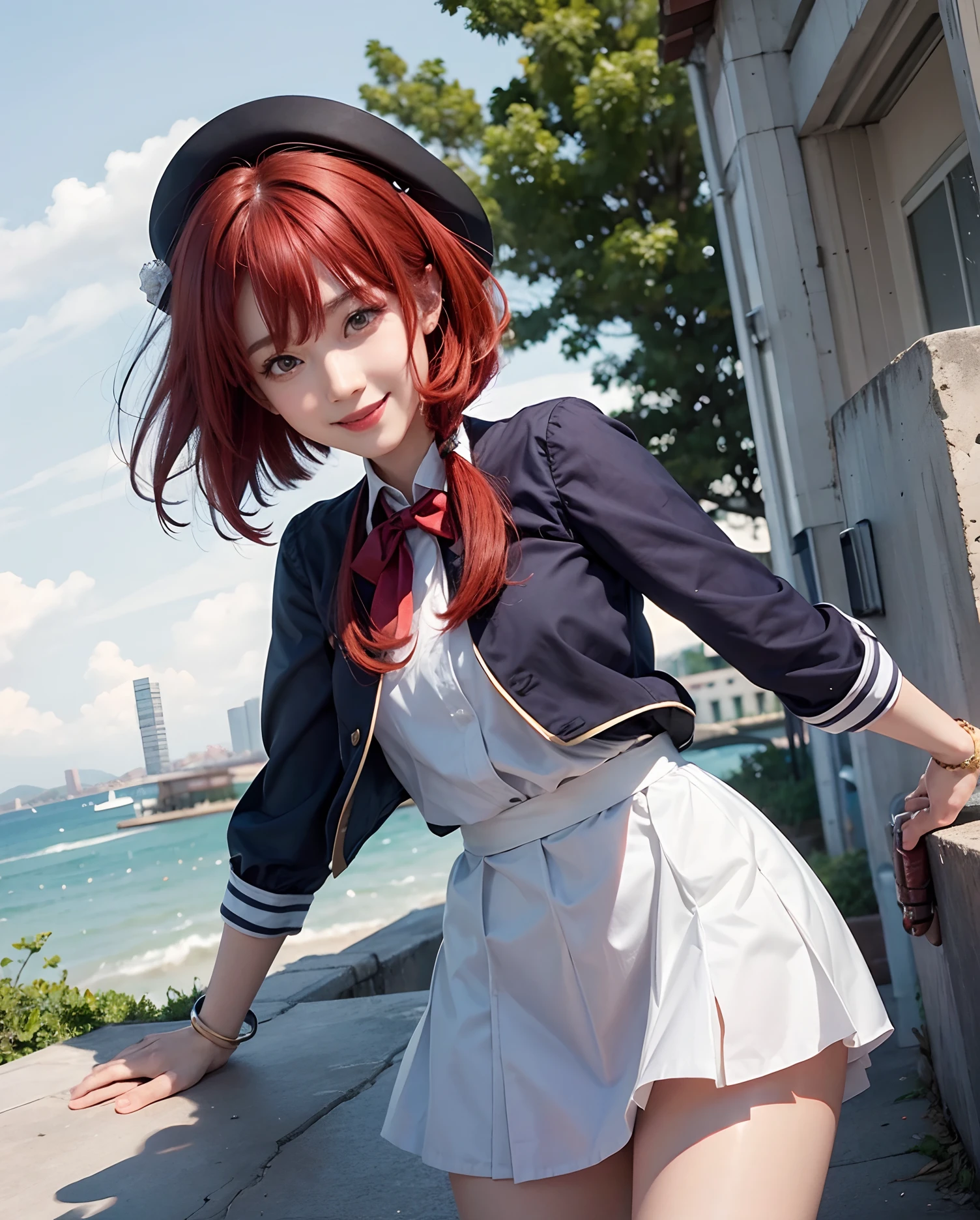 Realistic, kana arima, ultra detail, red hair, smile
