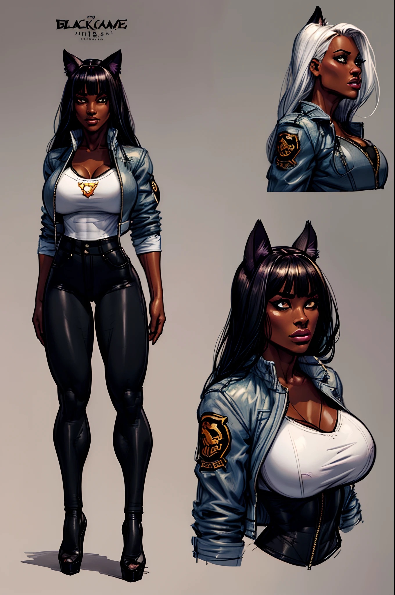 ((masterpiece)),(((best quality))),((character design sheet)), illustration,1woman, (beautiful woman: 2), (huge breasts: 1.2) environment Scene change, cat ears, (golden eyes: 1.6) muscular, (very dark skin:1.7), (black female), (black pants), (tight pants), (black lace bra) (black lace top) Blake Belladonna, thick legs, (white denim jacket:1.5), scribbles and marks, fire, ((detailed face:1.1)), rough sketches, poses, black hair, straight hair, long hair, black and white color palette, 8k,16k, (simple background, light background: 1.3)