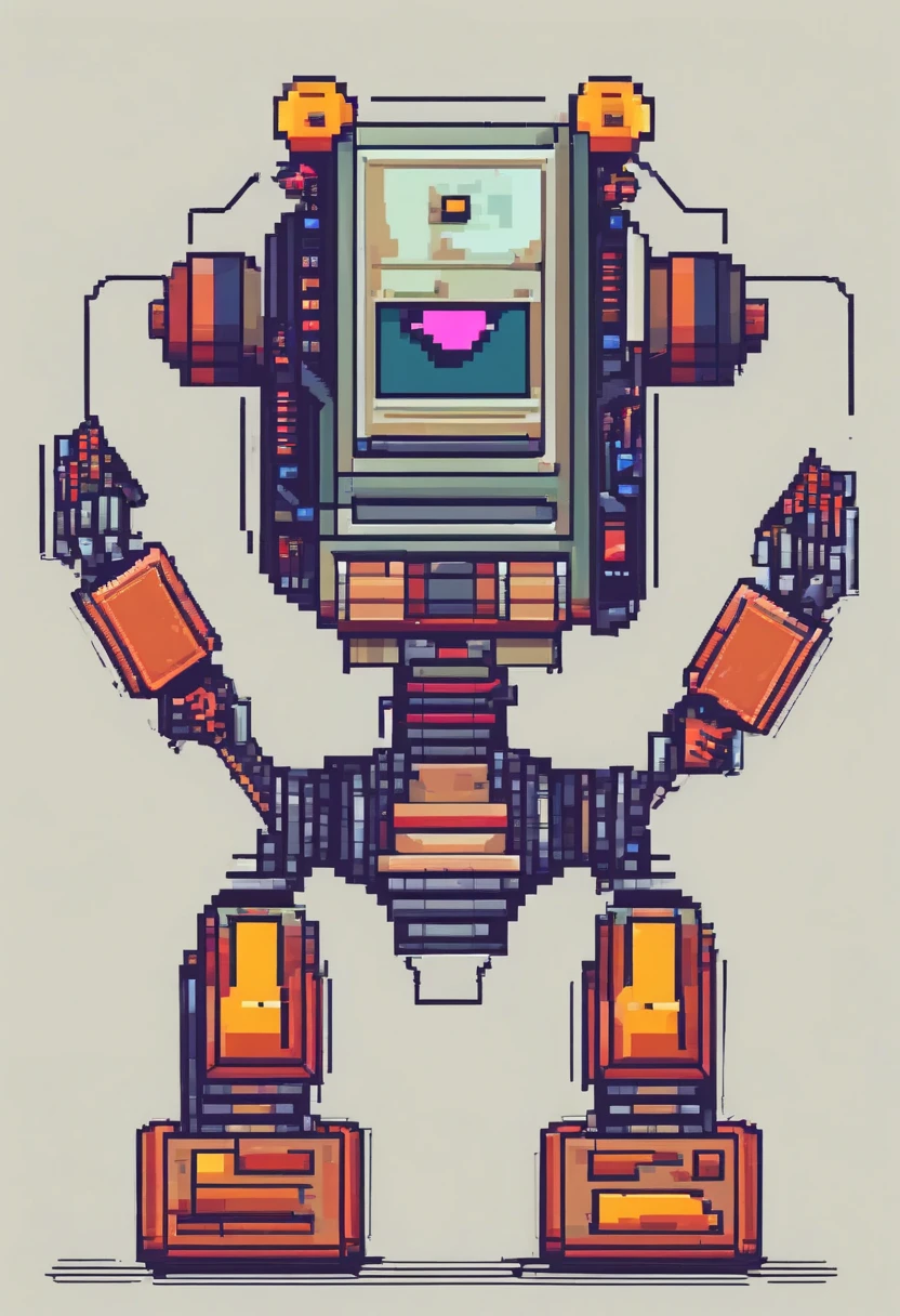create an entire robot, with legs and arms assembled from pieces of analogue studio equipment, pair of headphones, neon eyes, charming face
