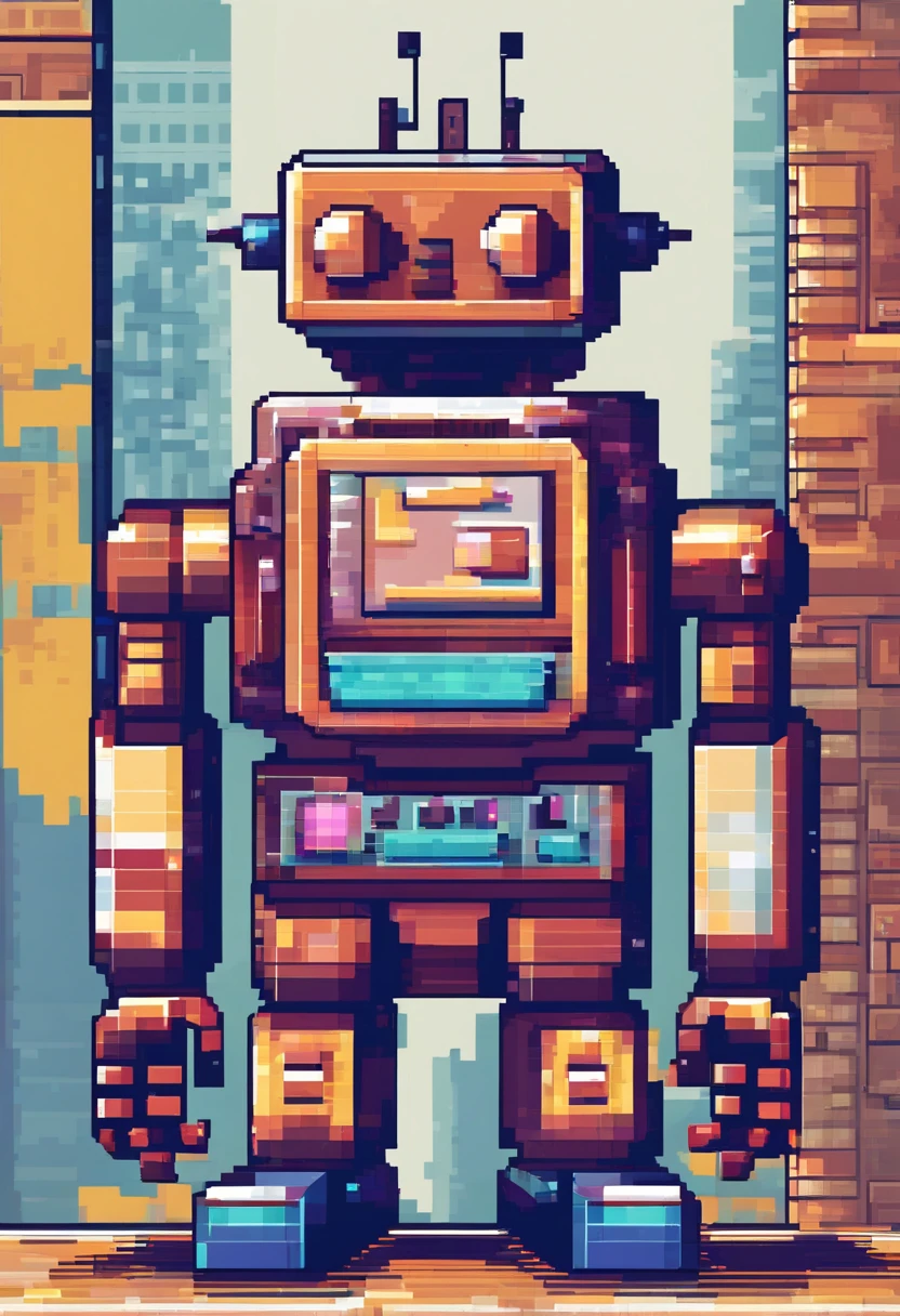create an entire robot, with legs and arms assembled from pieces of analogue studio equipment, pair of headphones, neon eyes, charming face