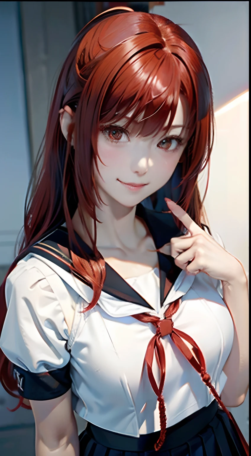an oil painting、top-quality、Cute little girl s、The background is all white、(((red hairs)))、Hair that grows to the shoulders、(((a black pleated skirt)))、(((side poneyTail)))、(((White sailor suit)))、shortsleeves、a navel、a 20 yo woman、(((Red hair)))、Point your index finger up、(((Raise your finger)))、(((Female face)))、(((Smirking expression)))