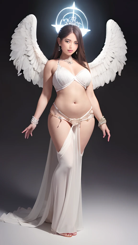 angelicales、Flowers flutter、Vibrant colors、Very fat woman、Round face、large boob、thick waist、Big belly、big butts、thick thight、thick arms、masterpiece, top-quality,photos realistic, Detailed eyes and lips,Detailed iris,Realistically drawn skin,Limbs drawn in proper balance,Correctly drawn hands and fingers,I drew one thumb and four fingers in optimal proportions,、(number々Award-winning masterpieces of, with incredible detail, textures and maximum detail), (full-body standing image:1.8), (Upper Body Up:0.3), (Hyper realistic:1.4), (Realistic:1.3), (Top quality real texture skins), (fine perfectly symmetrical eyes), (Beautiful face drawn in detail), (Angel ring of divine radiance above the head:1.8), ((medieval world)), (The Lord's Black Angel or the Lord's White Angel:1.6), (full-body standing image:1.8), (Beautiful kind eyes), (She has a blissful smile on her face), (Beautiful colored eyes full of compassion), (full-body standing image:1.8), Shining majestic cloud masses and sky, (halo optical phenomenon:1.3), (Angels dancing in the background), (Dramatic light), (A majestic sight), (Her expression is serene full of tenderness and very beautiful), ((Large wings with pure white feathers behind the shoulders)), (((wingspan))), Glass earrings on the ears, (((dramatic photography))), (Twilight), (Sunset), (Dusk), (Sacred Pose), (Golden hair), (Silver hair), (Chestnut hair), short cut hair, ((looks up)), ((Looking down)), ((gives full-body standing image)), (Around her neck is a simple necklace of exquisite workmanship), Old ruins infested with plants, great temple, great cathedral, temple ruins, detached temple, (Luminous magic circle), Ruins of an ancient castle, Deserted ruins, crumbling ruins, Ancient ruins with clear water, Holy Light, Epic Realistic, ((Neutral colors)), (nffsw:1.5), (Muted colors:1.2), Hyper Detailed, Cinematic, Warm lights, Dramatic light, Intricate details、 Complex background,Soft light background、spread your wings wide、White cloth