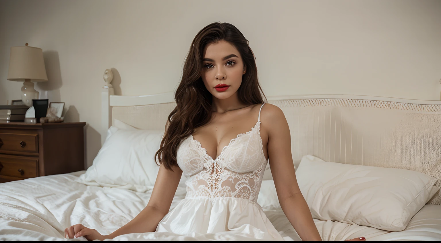 A porcelain doll in a lacy white dress sitting on the bed seemed to watch them. Seus olhos de vidro pareciam seguir cada movimento. Olhos negros, red-lips
