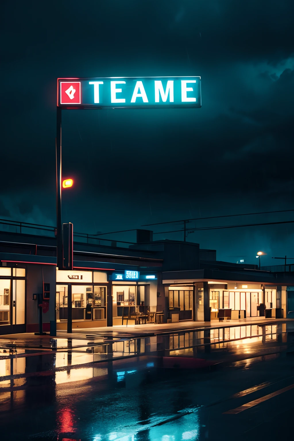 help me create an image containing a cafeteria with an illuminated sign and a rainy landscape in lo-fi style in high definition, realistic, cinematic