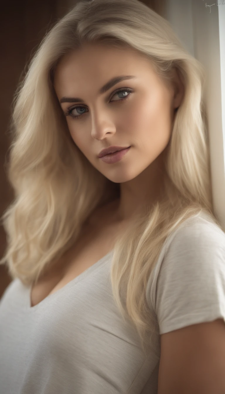 Arafed woman with matching tank top and panties, lange blonde Haare, Sexy girl with blue eyes, portrait sophie mudd, blonde hair and large eyes, Selfie einer jungen Frau, Augen im Schlafzimmer, Violet Myers, ohne Make-up, Natural makeup, Blick direkt in die Kamera, Gesicht mit Artgram, dezentes Make-up, Stunning full body shot, im Schlafzimmer, Spaltung