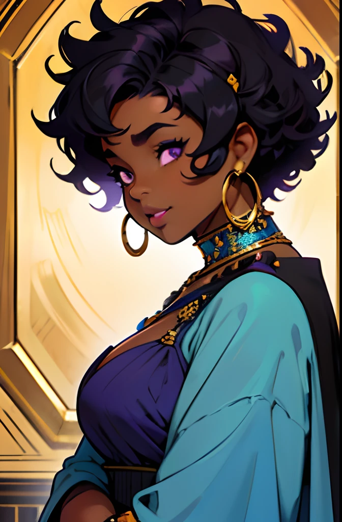 short black woman. very very dark skin. wide nose. big nostrils. very thick lips. big lips. chubby. fat. overweight. small chest. small upper body. large lower body. purple eyes. curly short hair. sweet. innocent. modest. blue tribal gown. gold jewelry