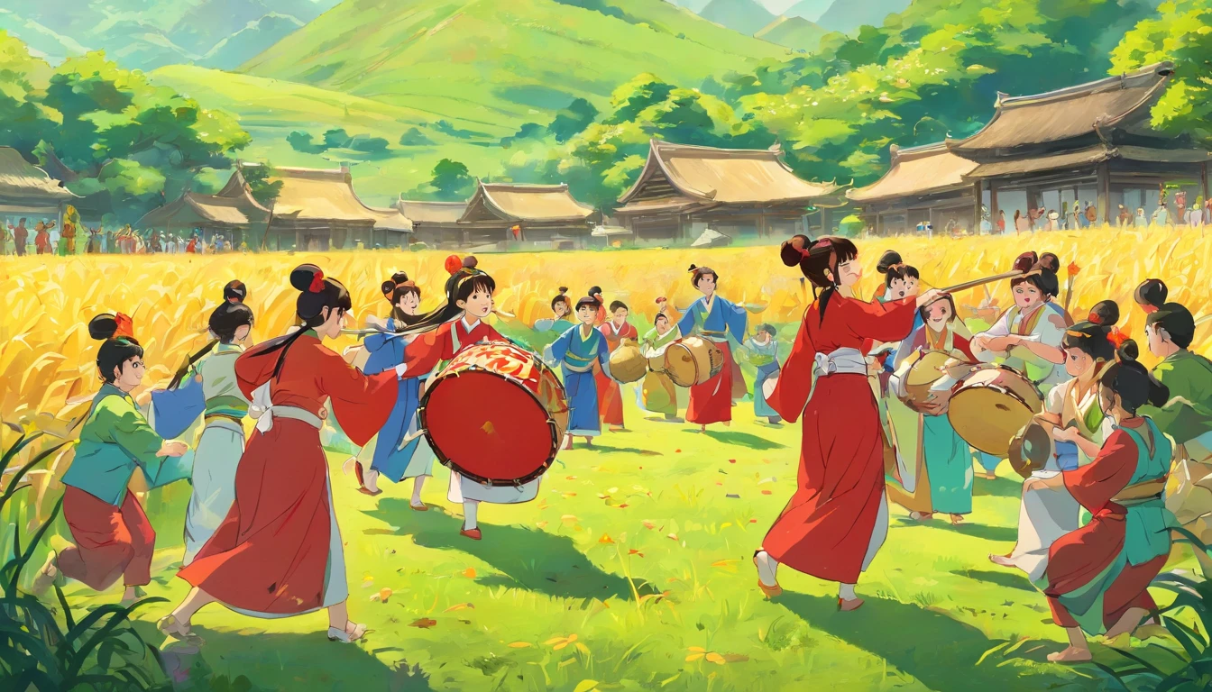 A group of people wearing Guangxi Zhuang costumes. The scene is set in a lively rural field,A group of people bent over to find frogs, The audience is beating the gong and drum,Cheers。Very festive sight