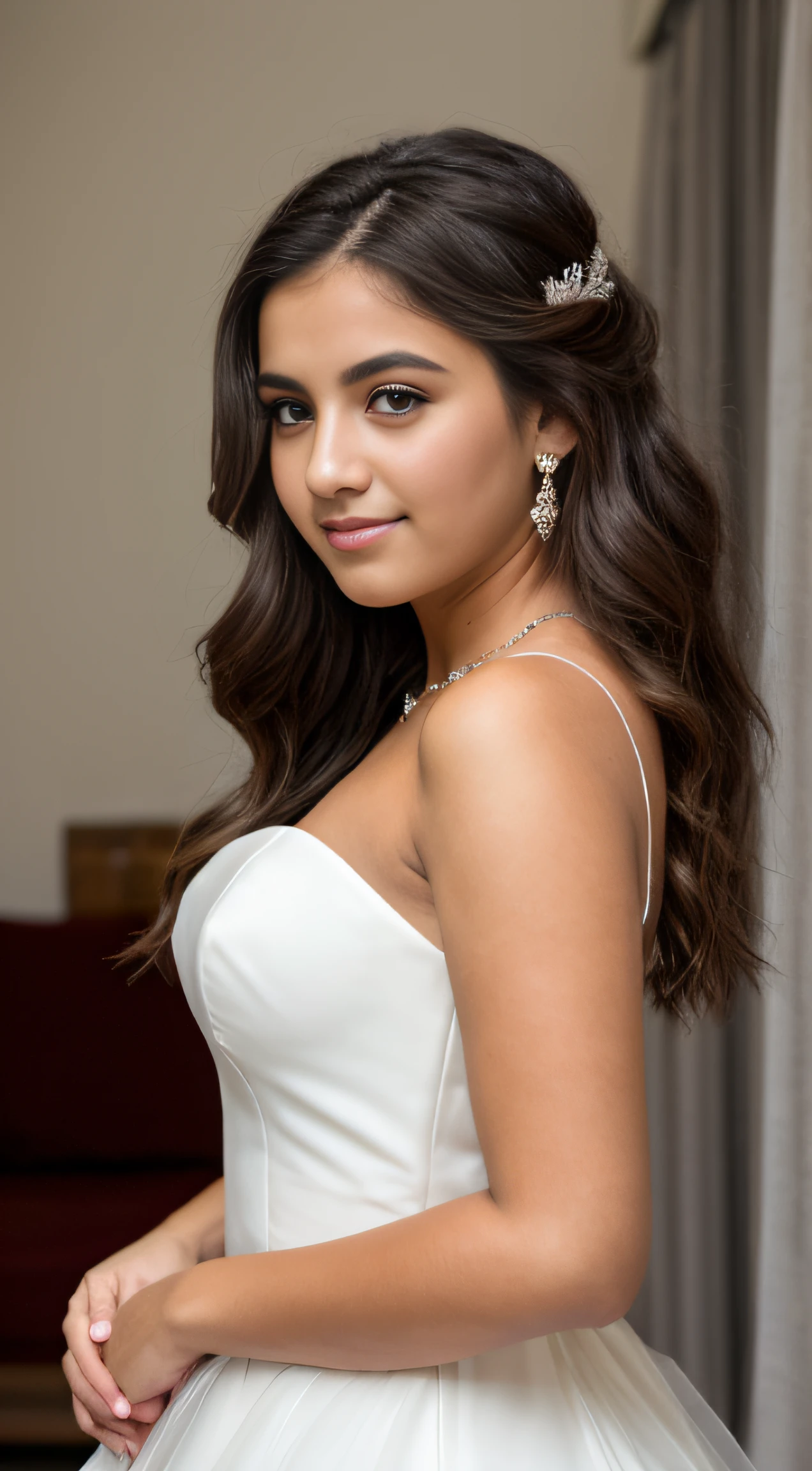 uma foto de uma adolescente 16anos,, rosto detalhado,vestido preto, planos de fundo detalhados pouco desfocados, luzes naturais, HDR, foto realista, foto profissional, visual serio , fotorrealista, Linda, pele natural, 8k UHD, alta qualidade , dentro de um casamento