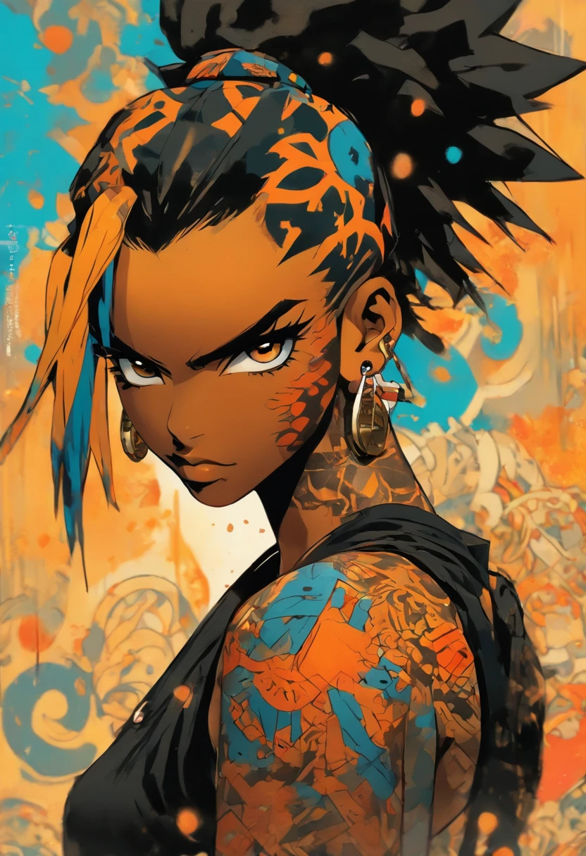 As coxas grandes mais bonitas e grandes do peito, cintura fina, garota punk rock sexy, afro preto, Crop Top e sobre tudo , Cabello cor de laranja, olhos cor diferente ,um do outro ,amarelo e azul, pele escura, usando um sobre tudo ,vermelho e preto, toneladas de tatuagens e piercings, Obra-prima perfeita, alta qualidade, high resolution, guerreira samurai, cicatriz no olho, e espada, e um gatinho no ombro
