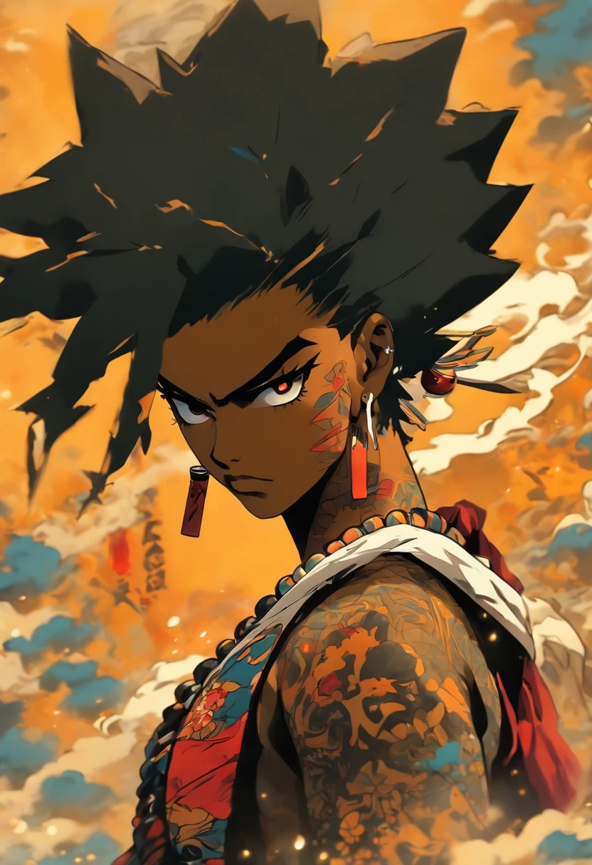As coxas grandes mais bonitas e grandes do peito, cintura fina, garota punk rock sexy, afro preto, Crop Top e sobre tudo , Cabello cor de laranja, olhos cor diferente ,um do outro ,amarelo e azul, pele escura, usando um sobre tudo ,vermelho e preto, toneladas de tatuagens e piercings, Obra-prima perfeita, alta qualidade, high resolution, guerreira samurai, cicatriz no olho, e espada, e um gatinho no ombro
