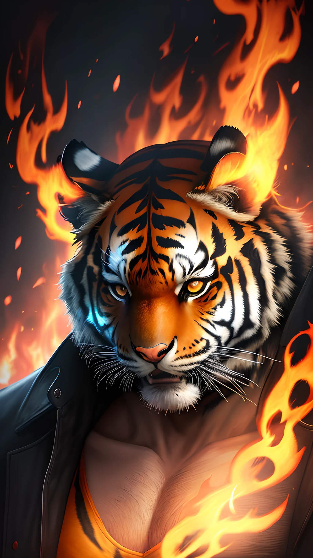 A man with a tiger mask with flames. Digital art