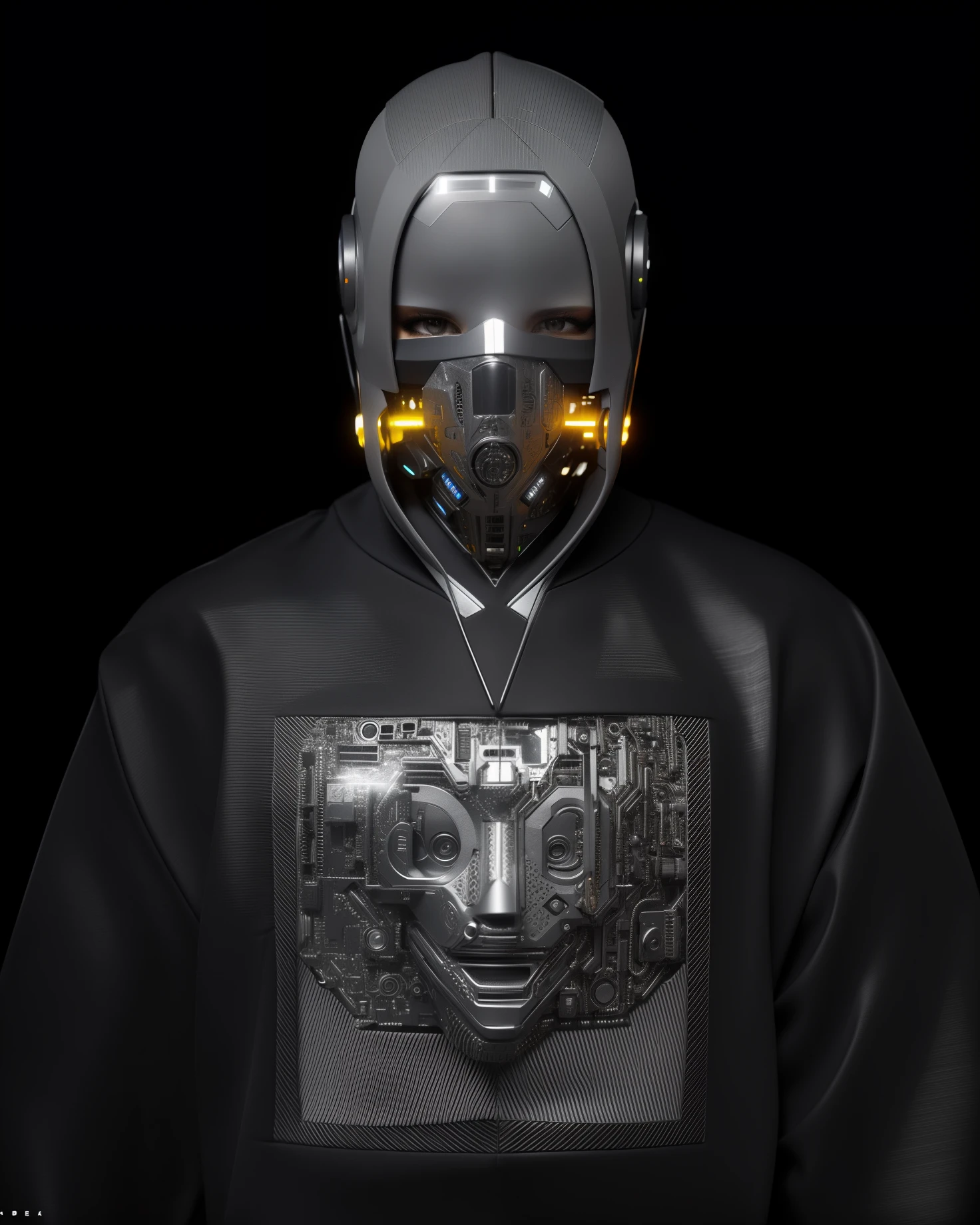 a close up of a person wearing a mask and a sweatshirt, cyborg fashion model, cyborg fashion shot, highly detailed, futuristic techwear, futuristic cyber clothing, detailed humanoid