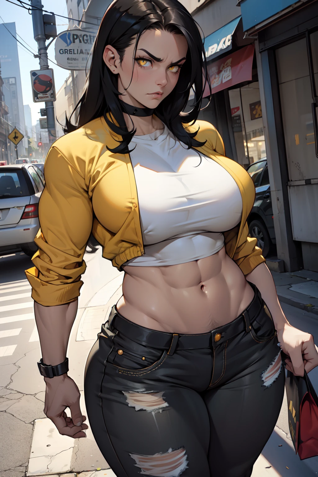 girl huge tits bodybuilder black hair yellow eyes pale skin muscular toned body thick thighs curvy angry wide hips casual clothes