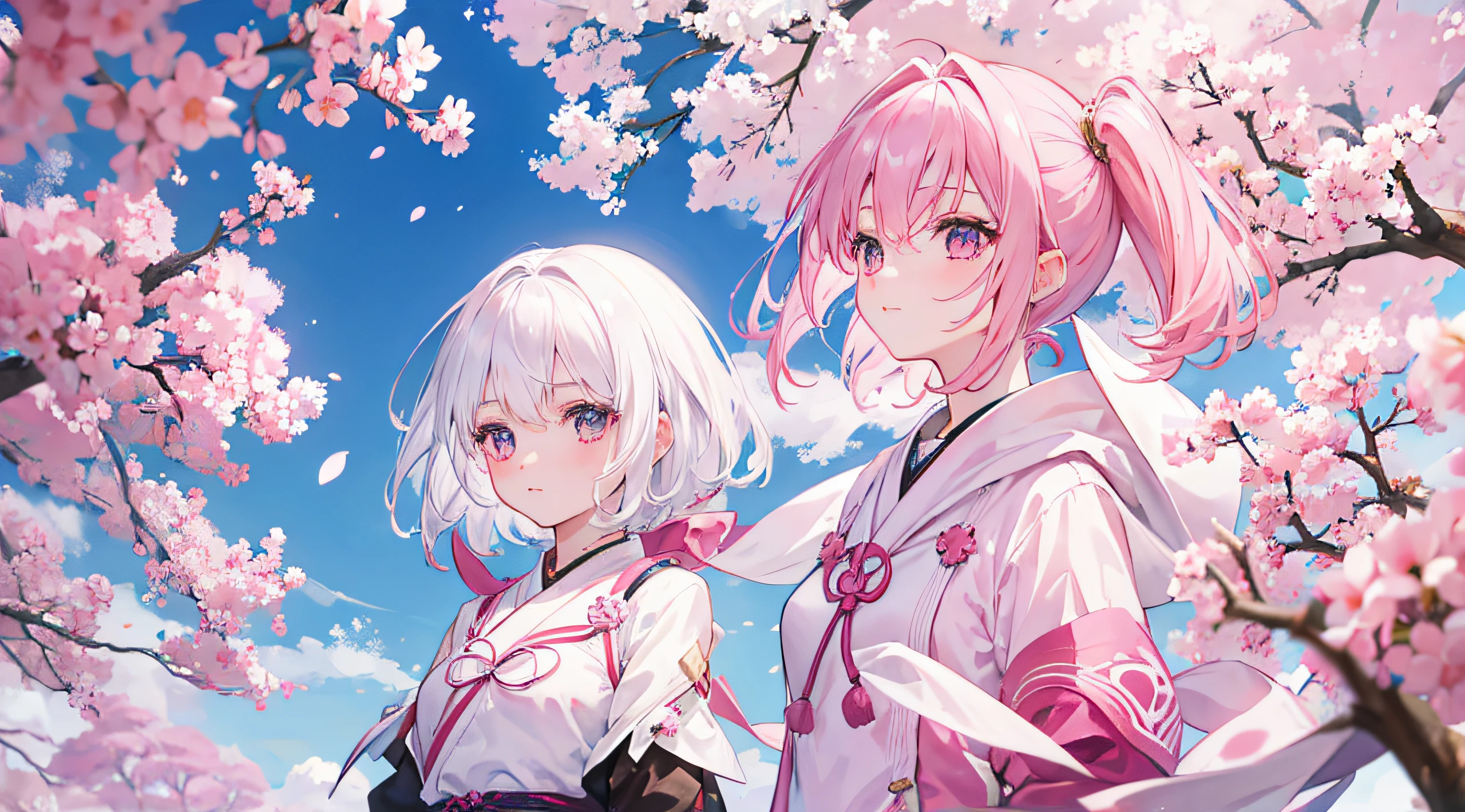 Girl with white hair. Girl with pink hair. Sakura. joying.