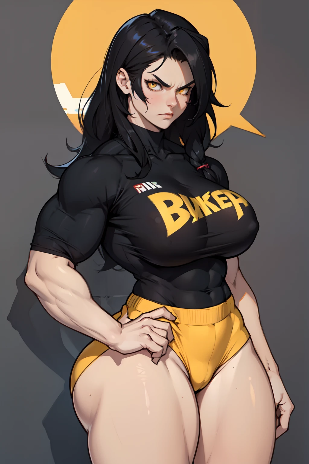 girl huge tits bodybuilder black hair yellow eyes pale skin muscular toned body thick thighs curvy angry wide hips casual clothes